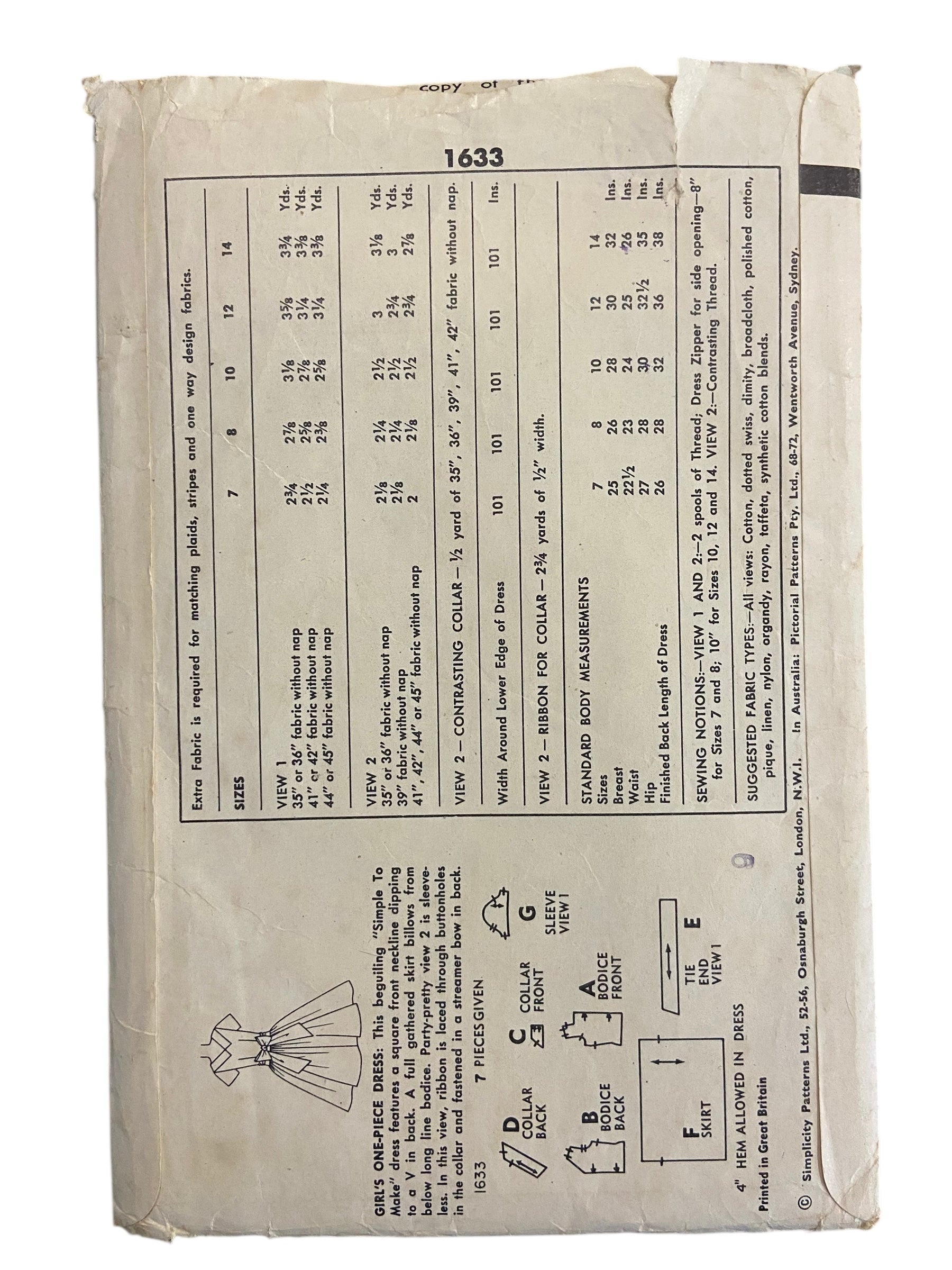 Simplicity 1633 vintage 1950s vintage 1950s child's dress sewing pattern. Size 7 breast 25 inches