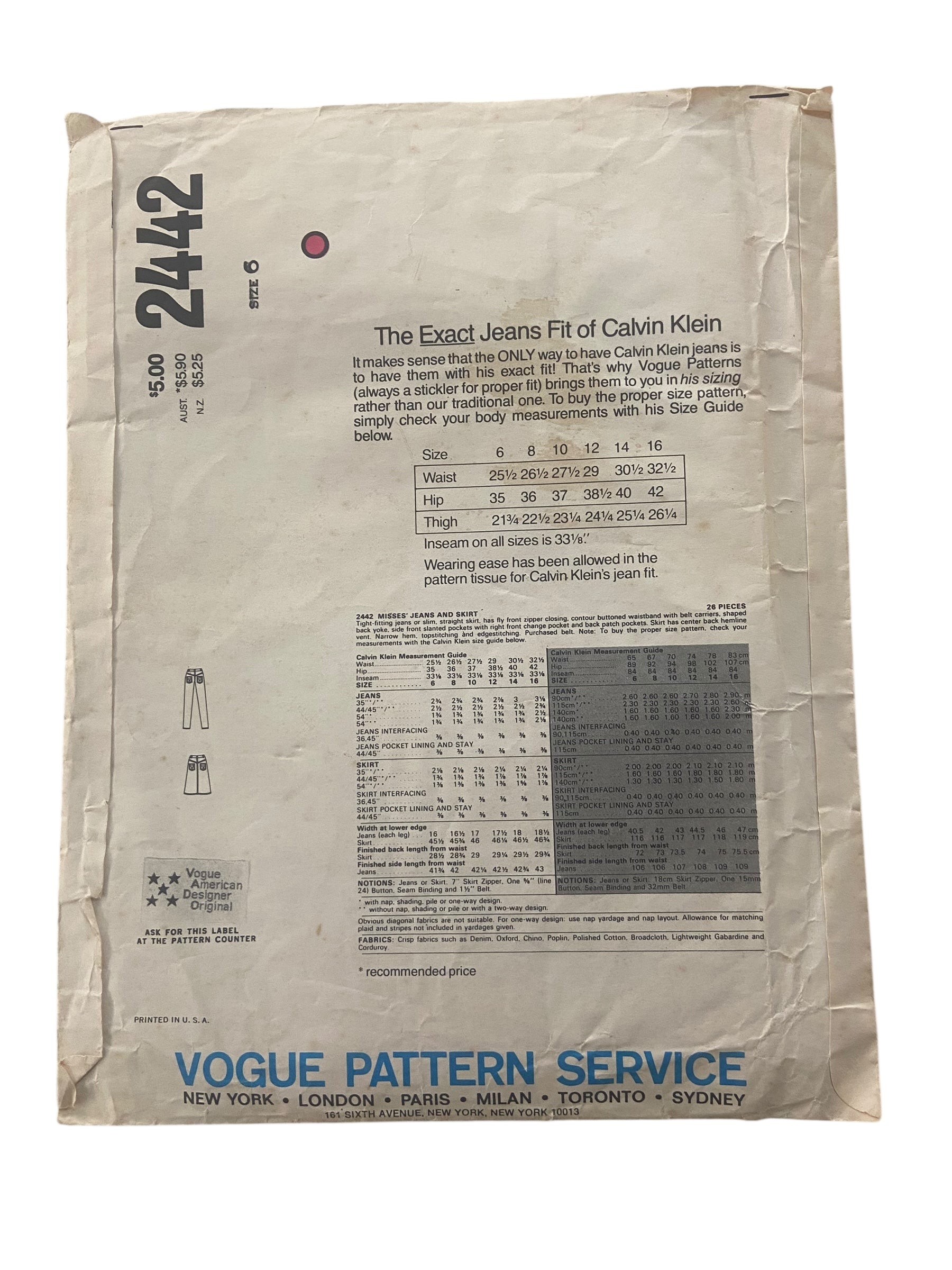 Vogue 2442 vintage 1980s designer Calvin Klein jeans and skirt sewing pattern. Waist 25.5 inches