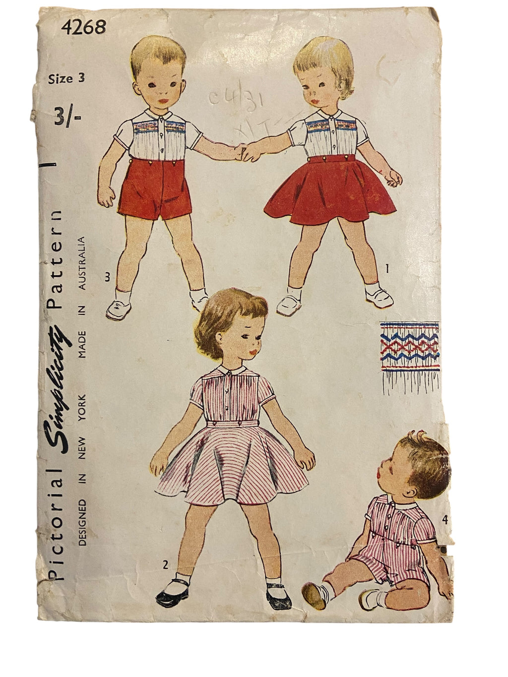 Simplicity 4268 vintage 1950s toddler's blouse, pants and skirt, brother and sister fashion, sewing pattern. Size 3 years, breast 22 inches.