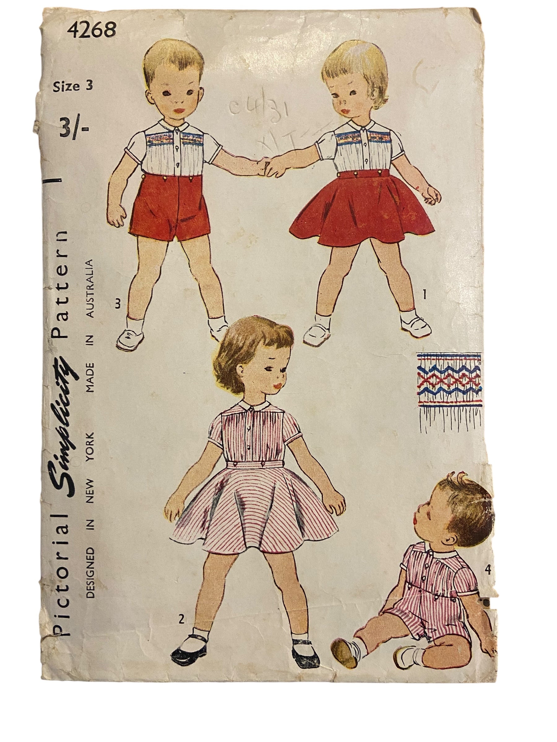 Simplicity 4268 vintage 1950s toddler's blouse, pants and skirt, brother and sister fashion, sewing pattern. Size 3 years, breast 22 inches.