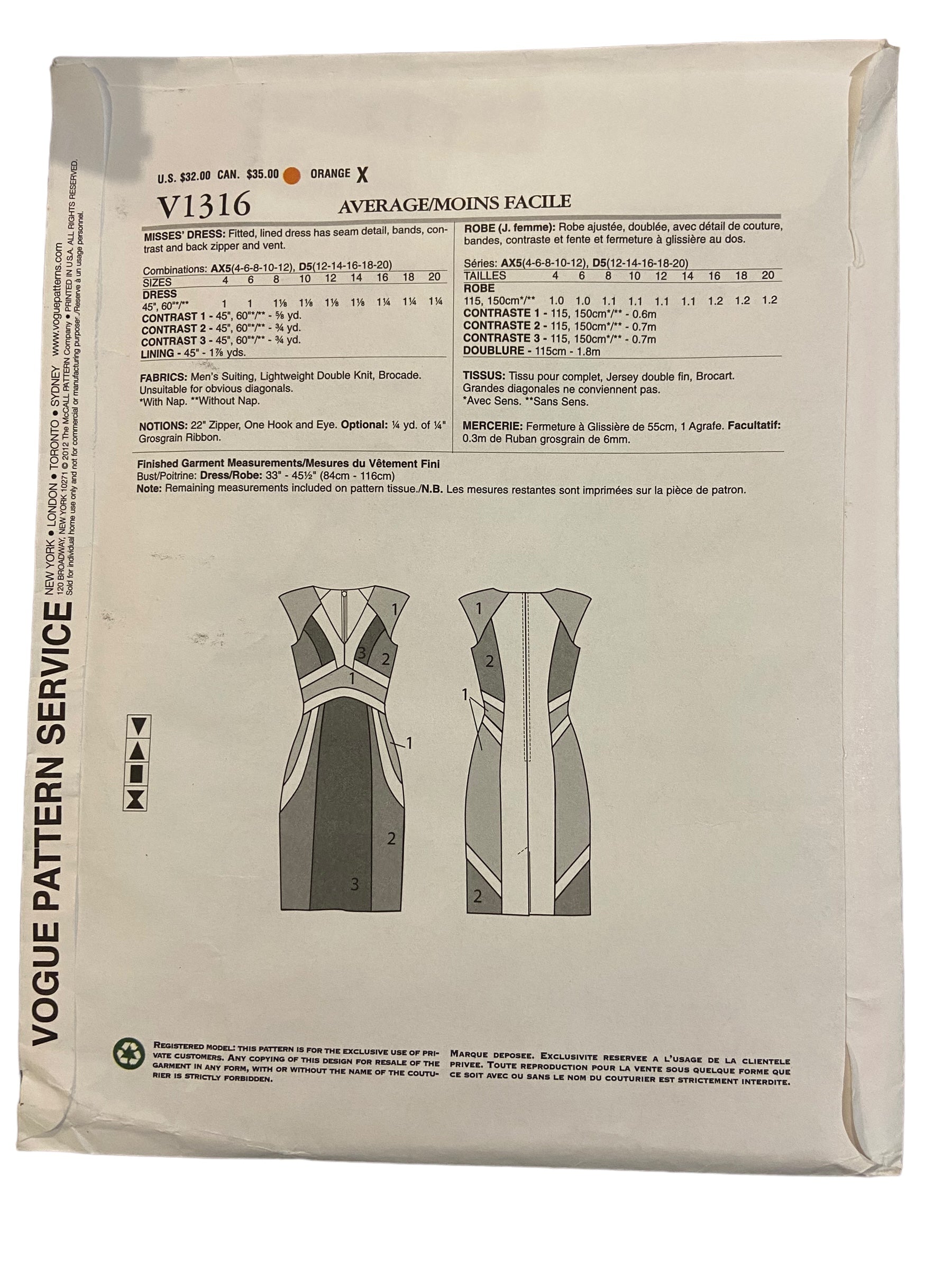 Vogue American Designer v1316 Rebecca Taylor dress sewing pattern. Bust 34 inches
