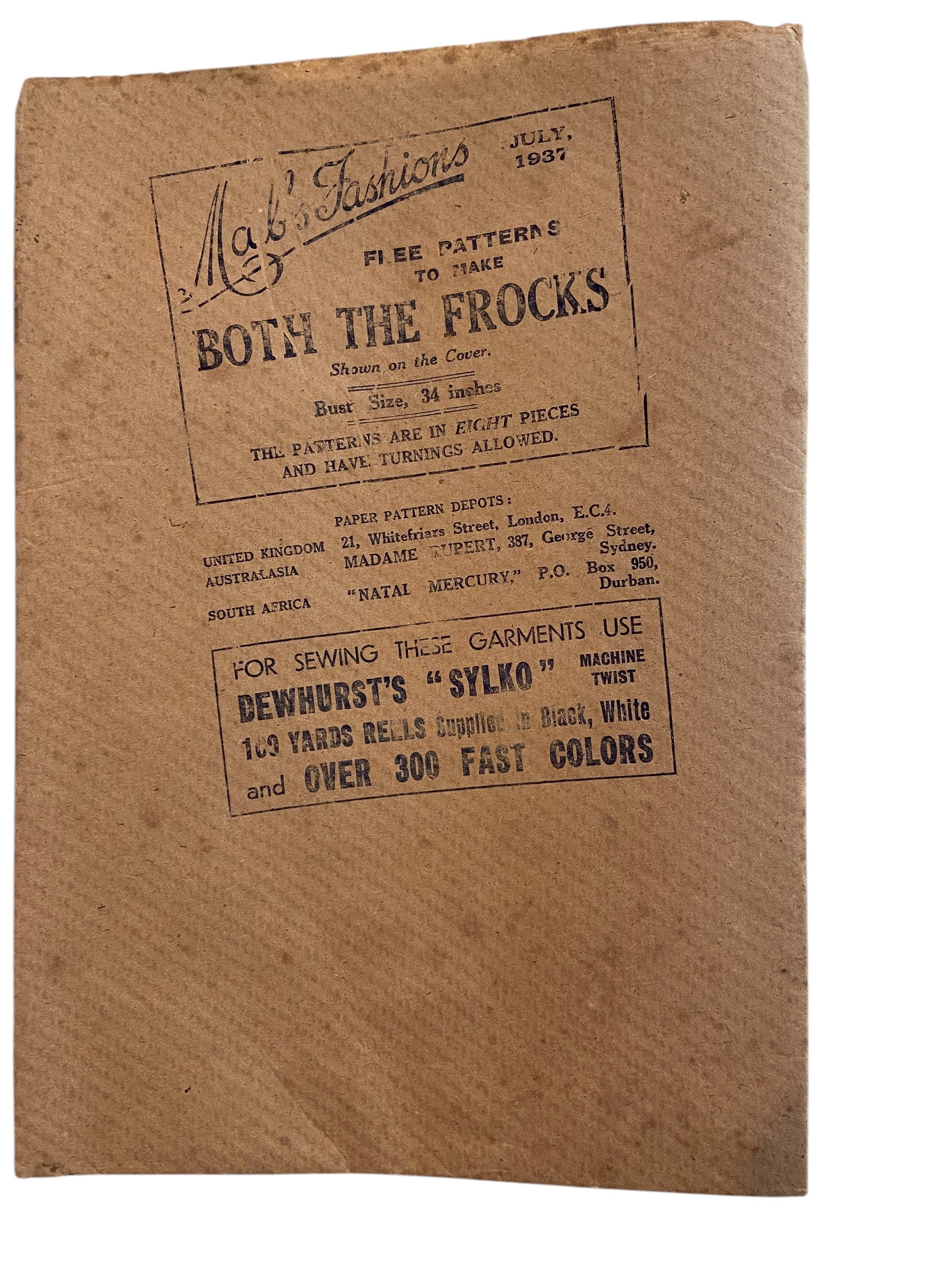 Mabs Fashions July 1937 with two dress sewing patterns, unused, factory folded. Bust 34 inches .