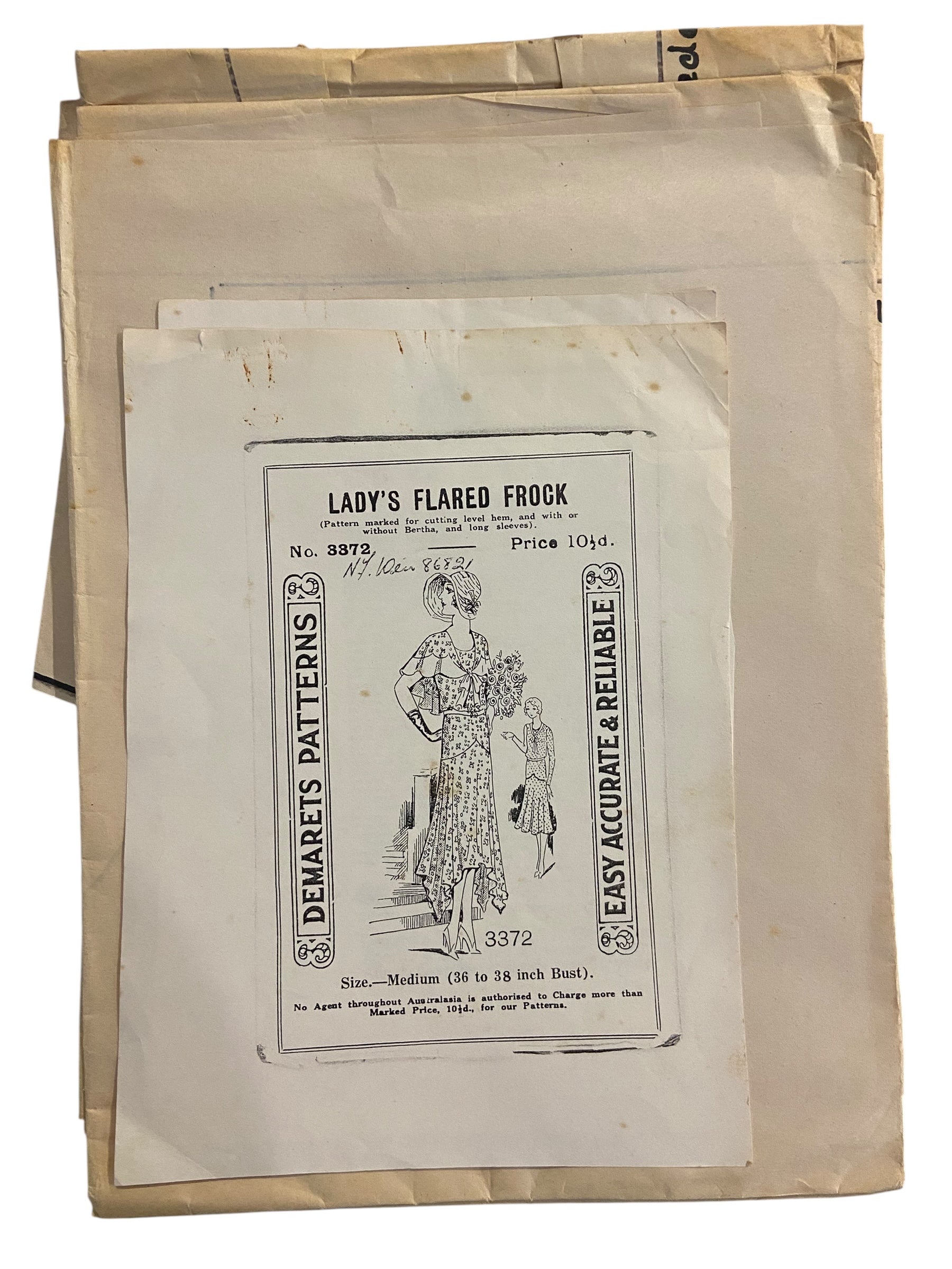 Demaret’s 3372 vintage 1920s UNPRINTED hand traced lady’s flared frock sewing pattern Bust 36 to 38 inches