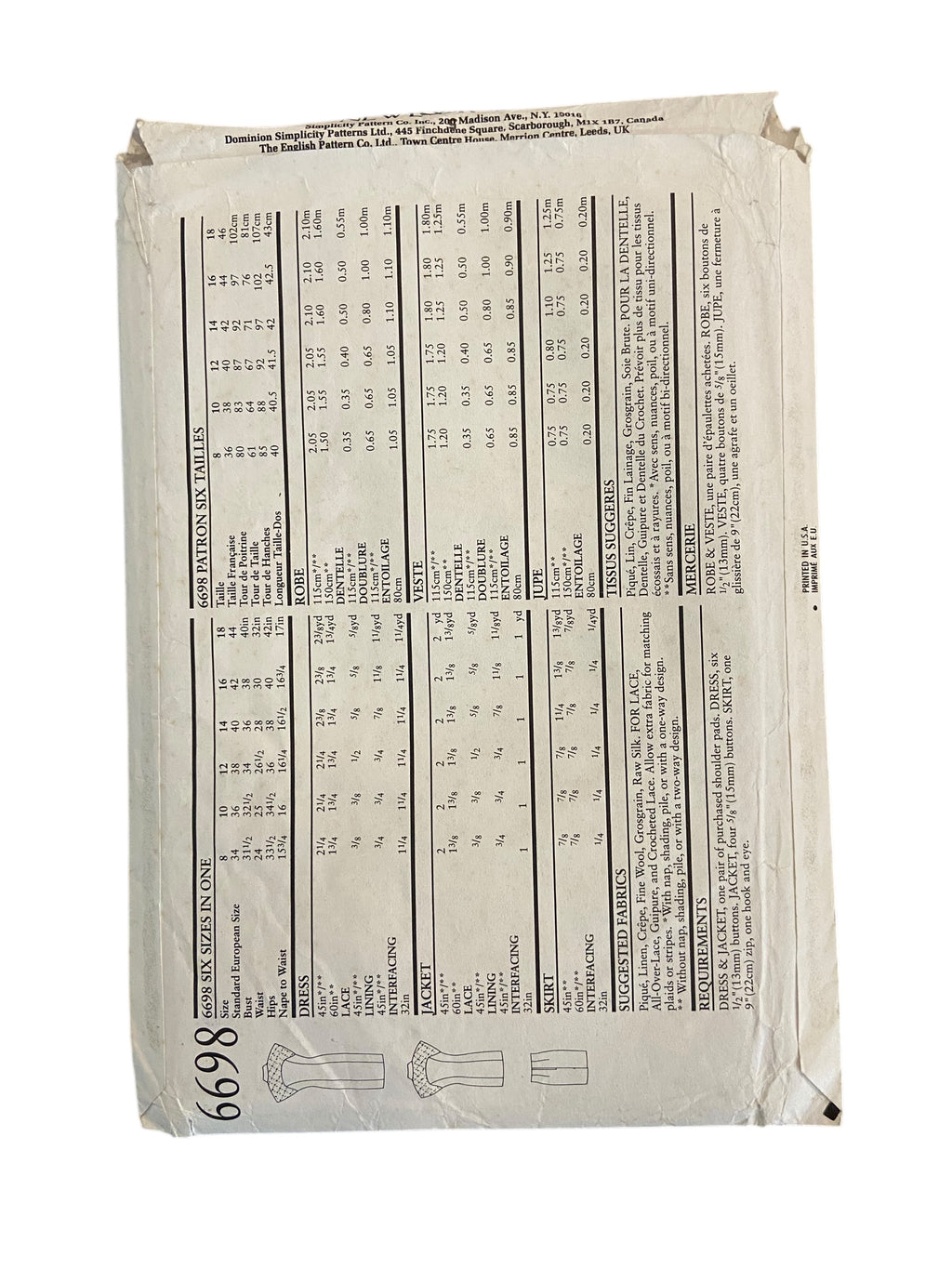 New Look 6698 vintage 1980s dress, skirt and jacket sewing pattern Bust 31.5 - 44 inches