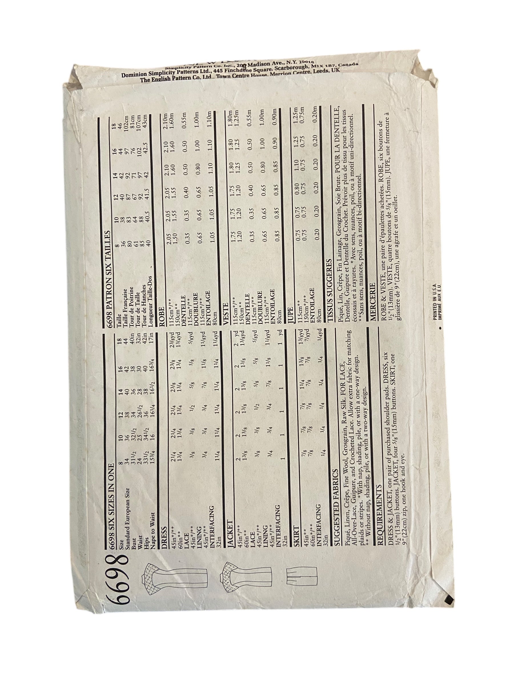 New Look 6698 vintage 1980s dress, skirt and jacket sewing pattern Bust 31.5 - 44 inches