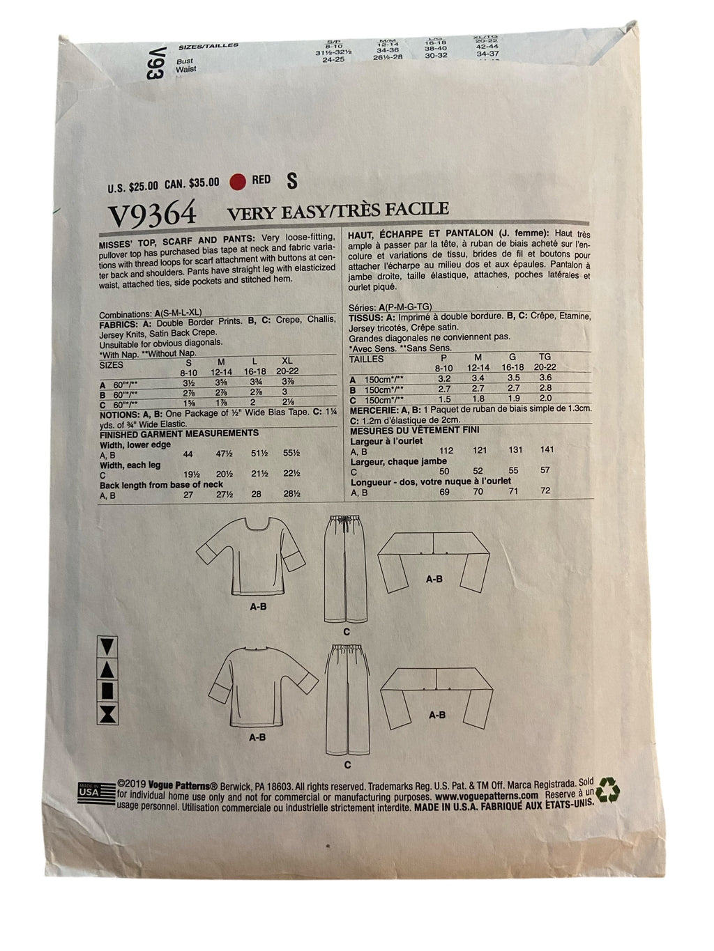 Vogue v9364 2000s sewing pattern top, scarf and pants. Bust 31.5, 32.5, 34, 36, 38, 40, 42, 44 inches