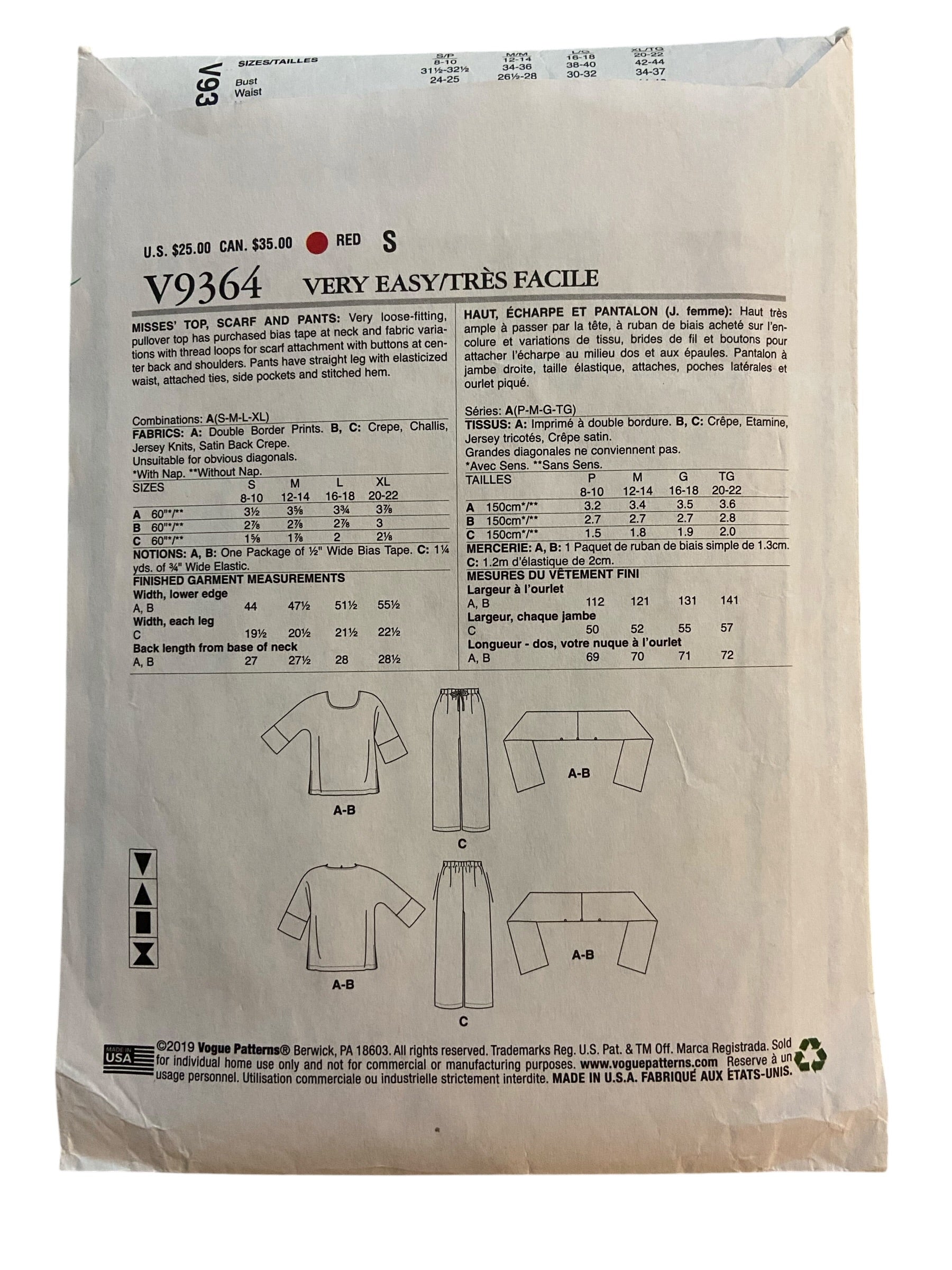 Vogue v9364 2000s sewing pattern top, scarf and pants. Bust 31.5, 32.5, 34, 36, 38, 40, 42, 44 inches