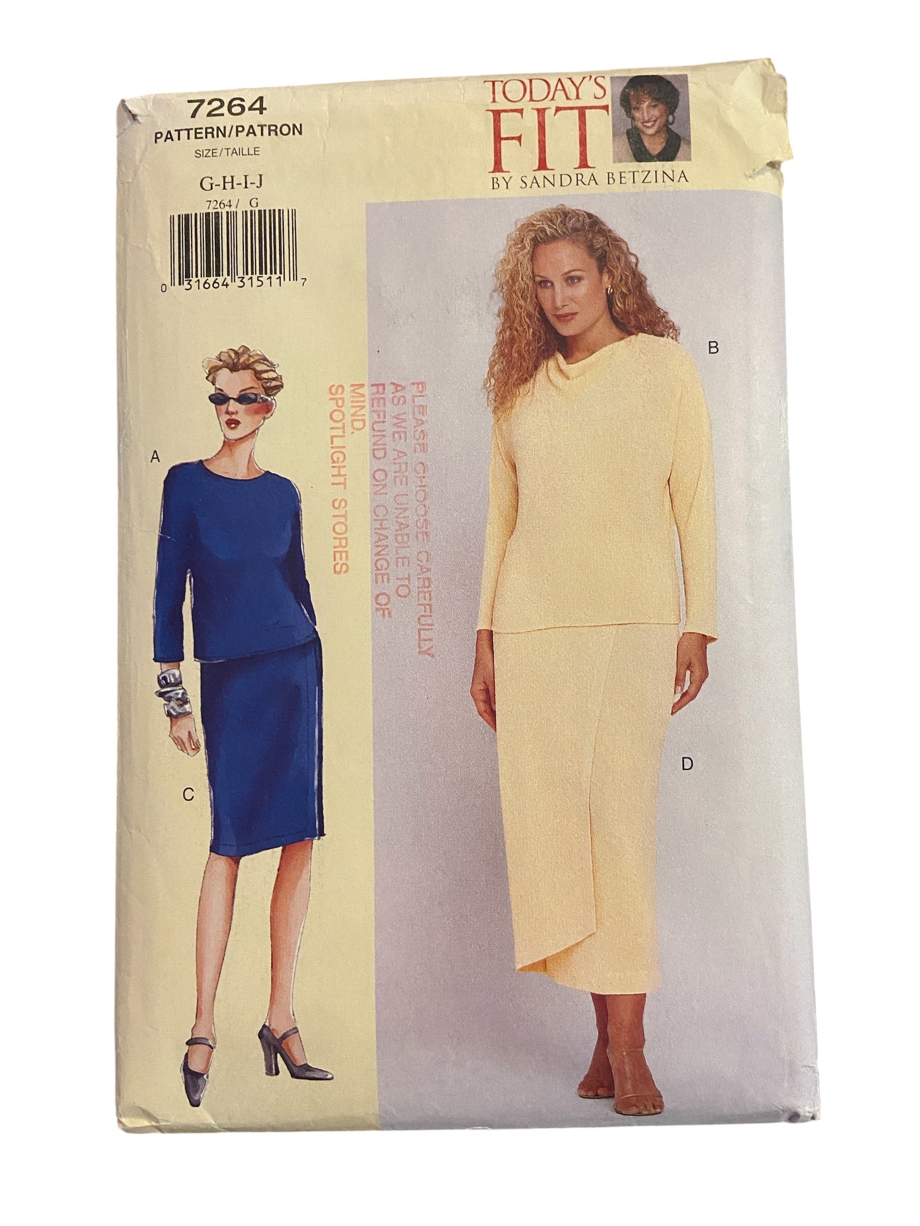 Vogue 7264 vintage 2000s Today's Fit by Sandra Betzina top and skirt sewing pattern. Bust 46, 49, 52, 55 inches