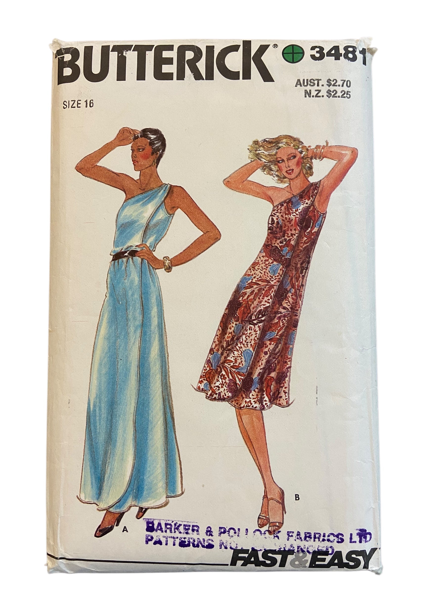 Butterick 3481 vintage 1980s one shoulder dress sewing pattern. Bust 38 inches