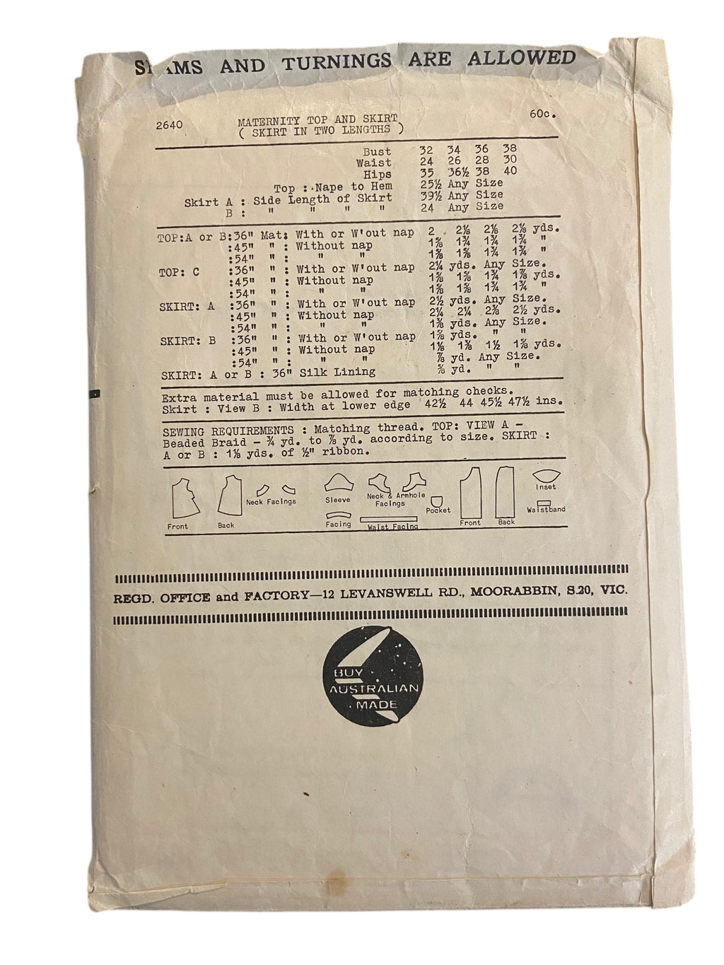 Weigel's 2640 vintage 1960s maternity top and skirt in two lengths sewing pattern Bust 36 inches WOUNDED BARGAIN