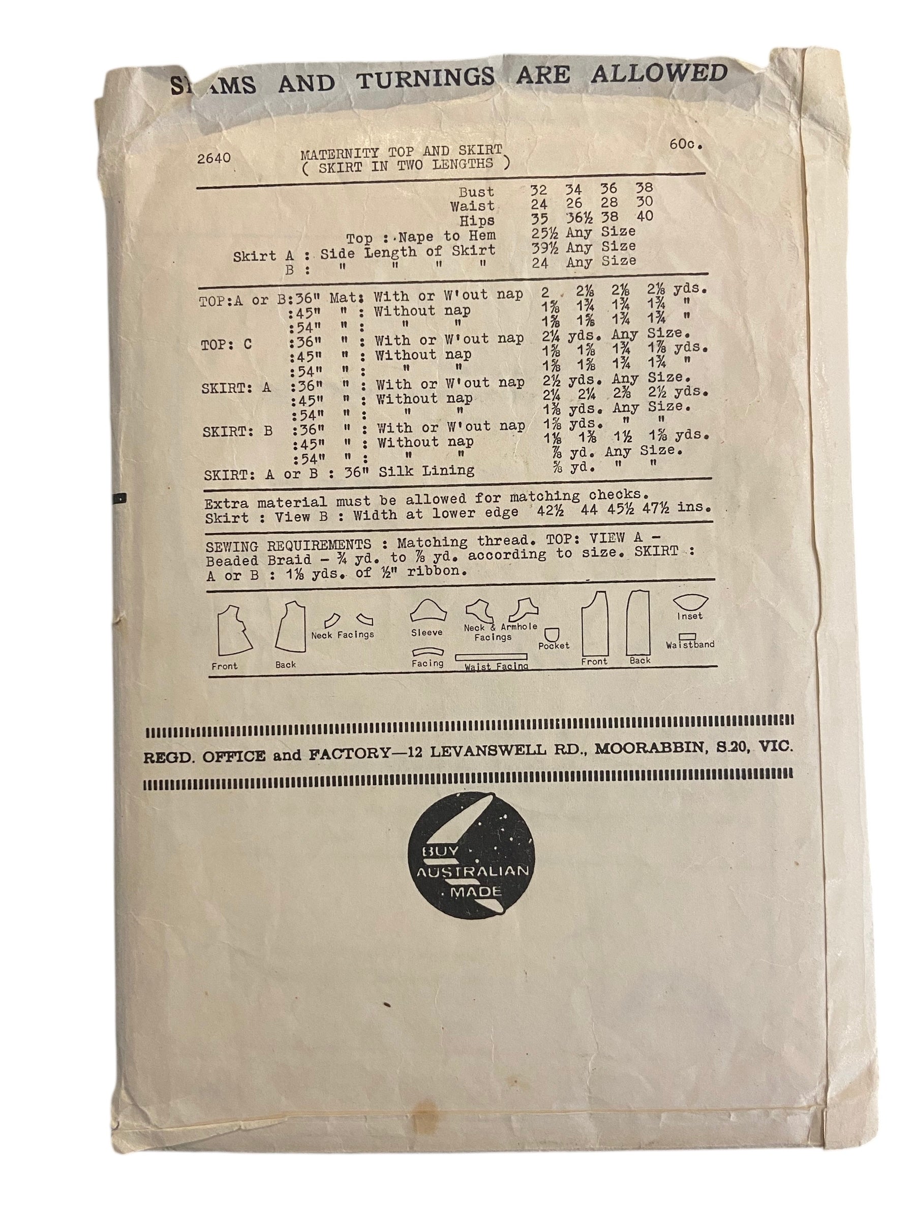 Weigel's 2640 vintage 1960s maternity top and skirt in two lengths sewing pattern Bust 36 inches WOUNDED BARGAIN