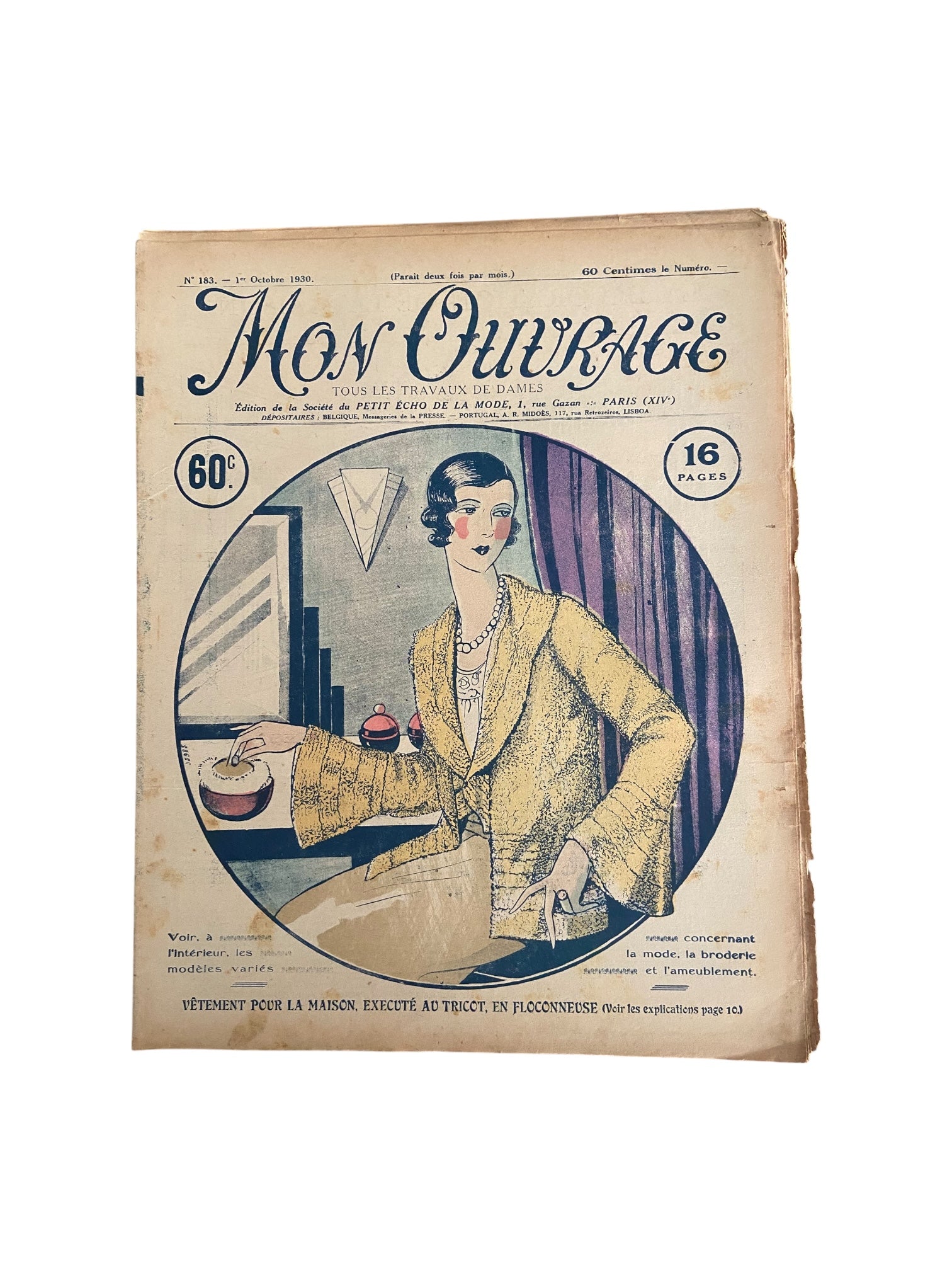 Mon Ouvrage 1 Octobre 1930 vintage French craft magazine with knitting pattern for the fluffy house jacket on the cover