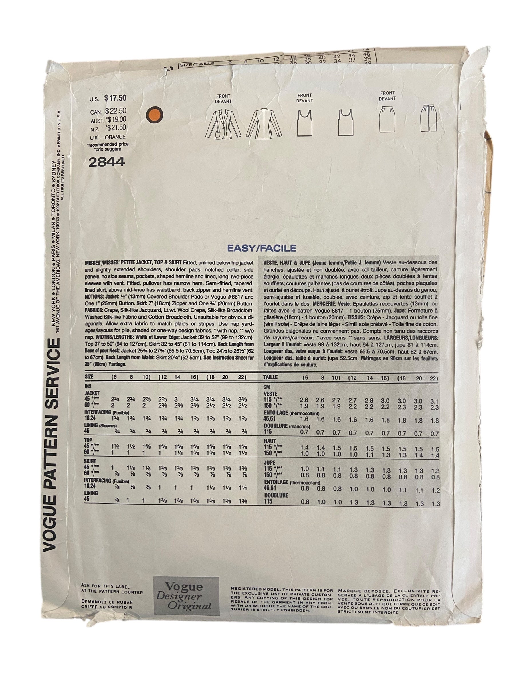 Vogue Designer Original 2844 Genny vintage 1990s  jacket, top and skirt sewing pattern Bust 34 to 38 inches