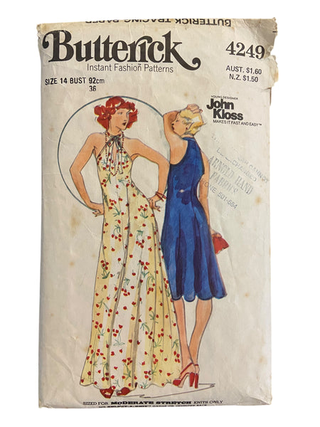 Butterick 4249 vintage 1970s John Kloss sewing dress pattern. Bust 36 inches