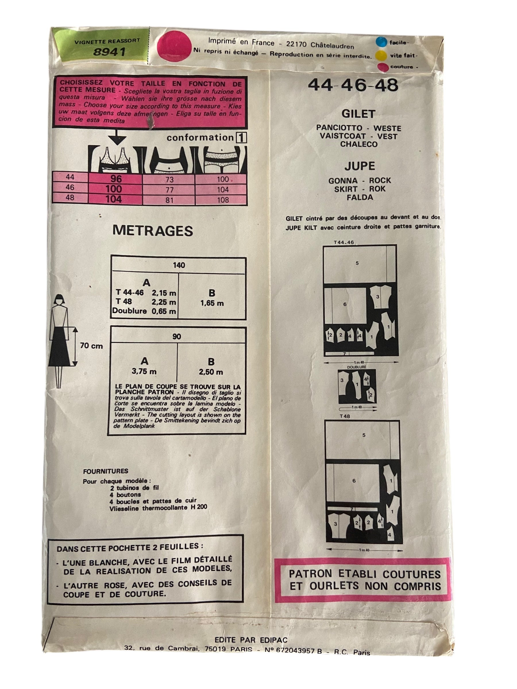 Marie Claire Patron de Paris 8941 vintage 1980s skirt and vest sewing pattern. FRENCH LANGUAGE INSTRUCTIONS. Bust 38, 40, 42 inches