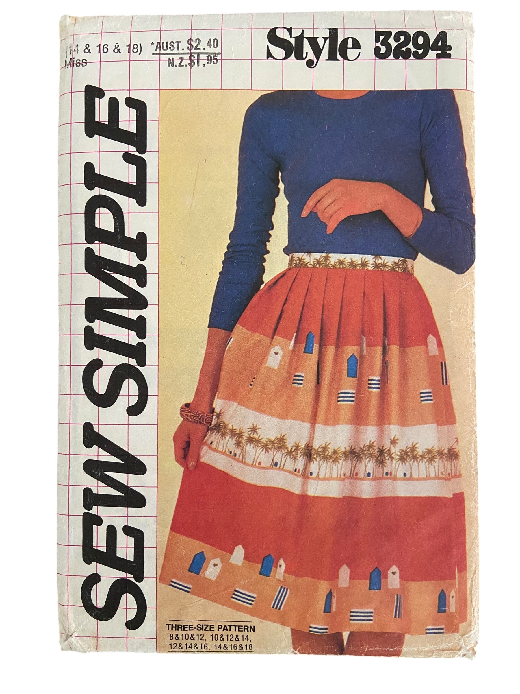 Style 3294 vintage 1990s skirt sewing pattern. Waist 28, 30, 32 inches