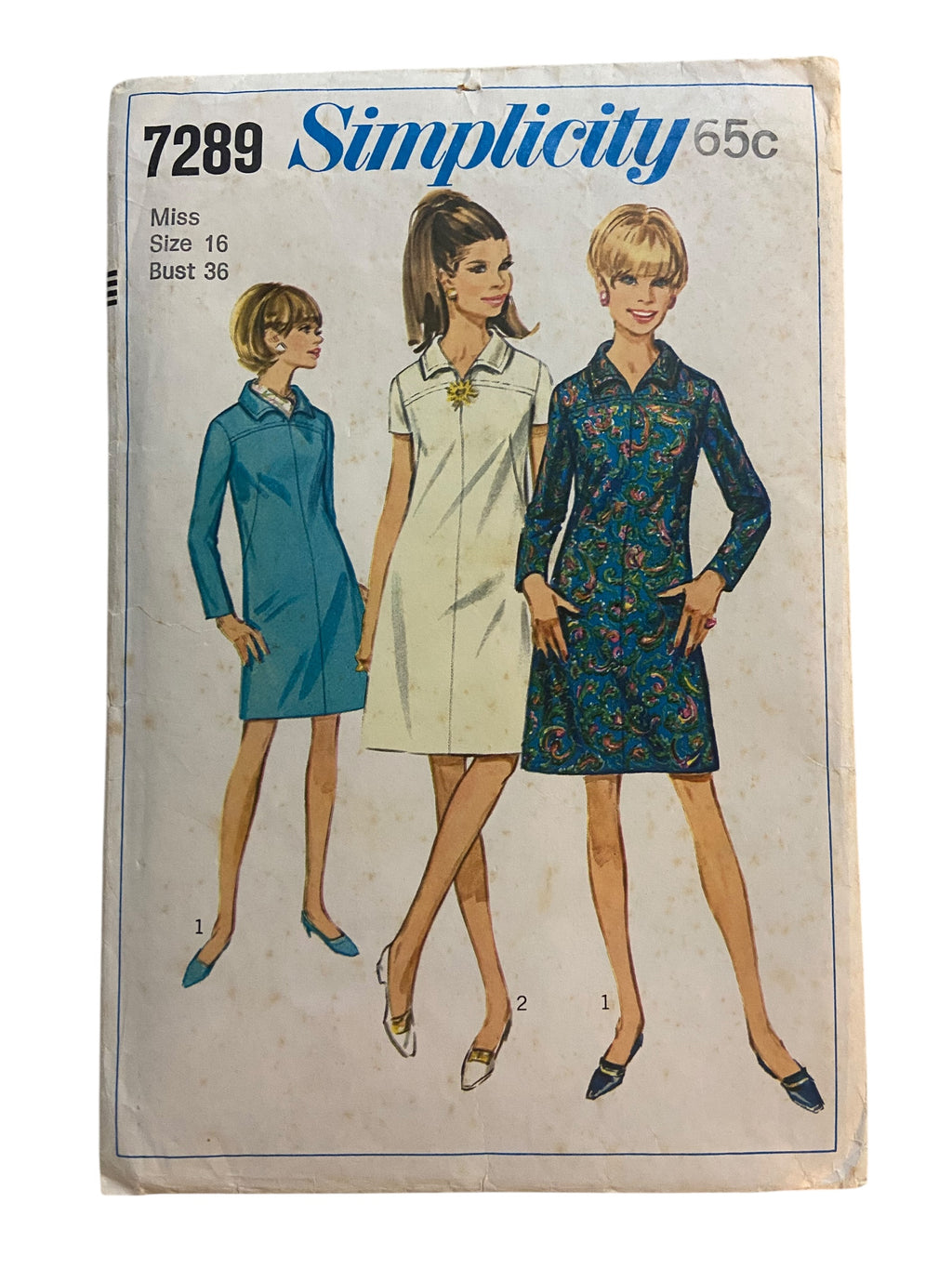 Simplicity 7289 vintage 1960s dress sewing pattern. Bust 36 inches