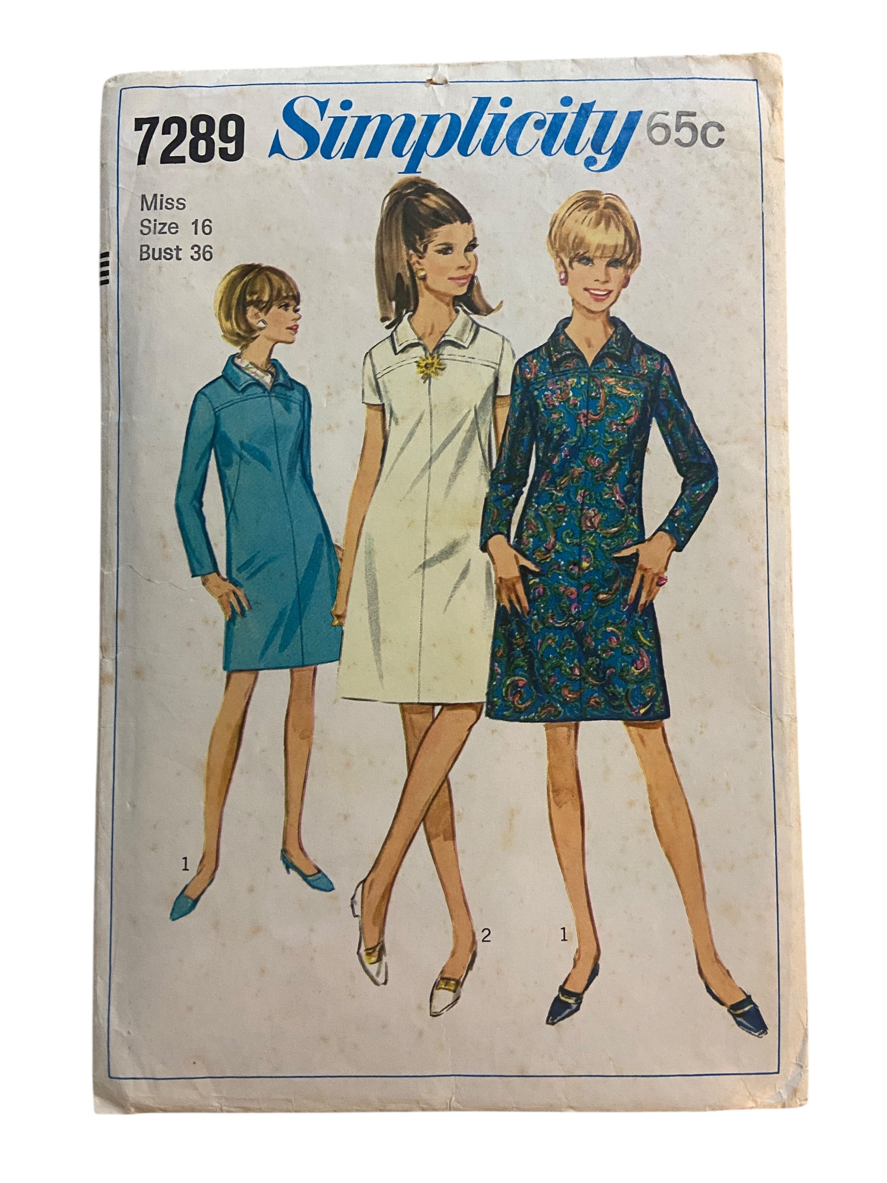 Simplicity 7289 vintage 1960s dress sewing pattern. Bust 36 inches