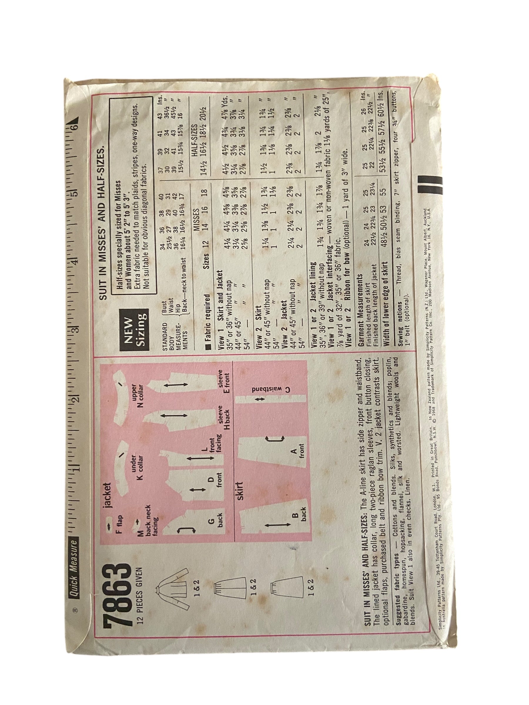 Simplicity 7863 vintage 1960s suit sewing pattern. Bust 34 inches