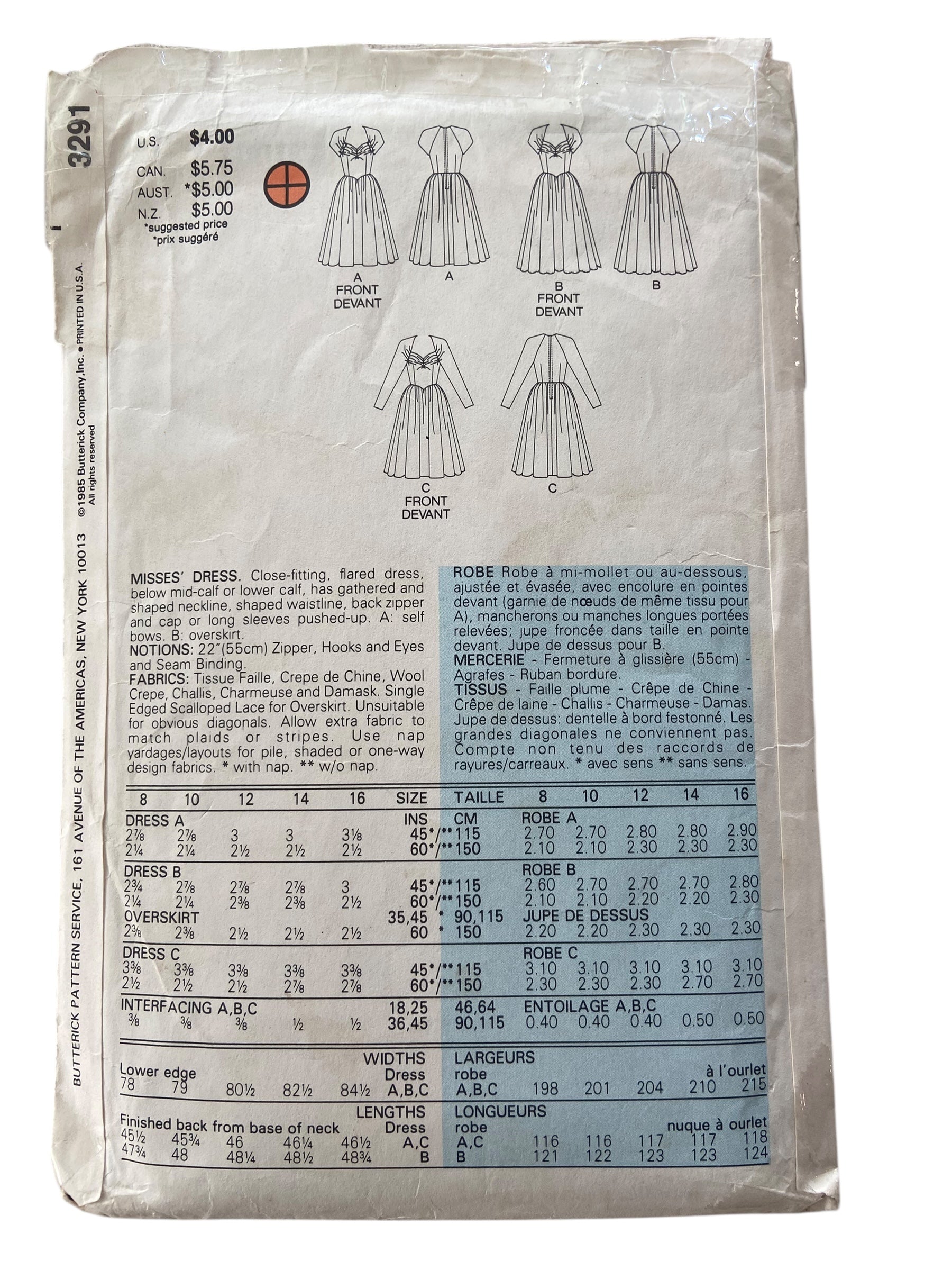 Butterick 3291 vintage 1980s dress sewing pattern. Bust 34 inches