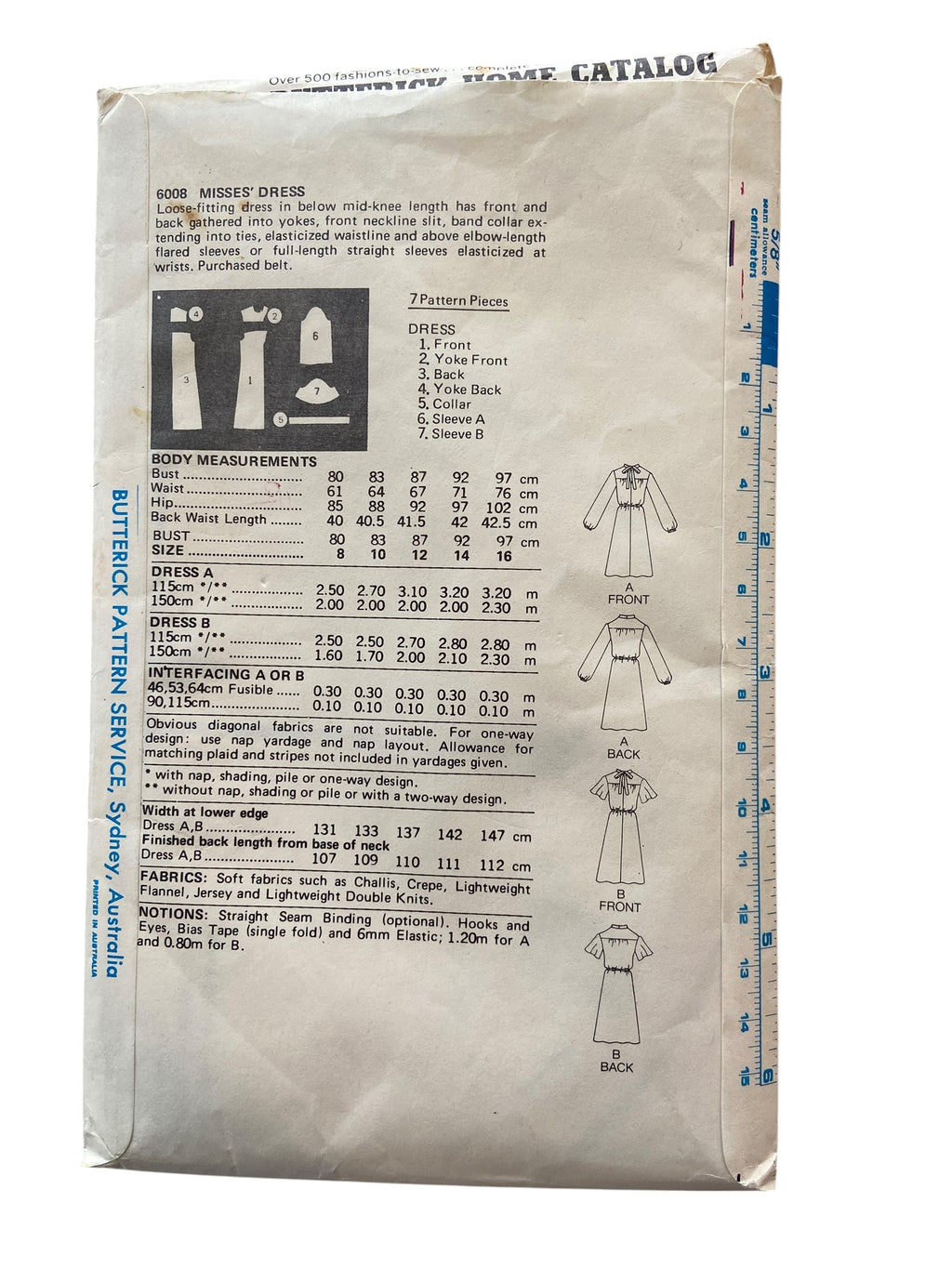 Butterick 6008 vintage 1980s dress sewing pattern. Bust 32.5 inches