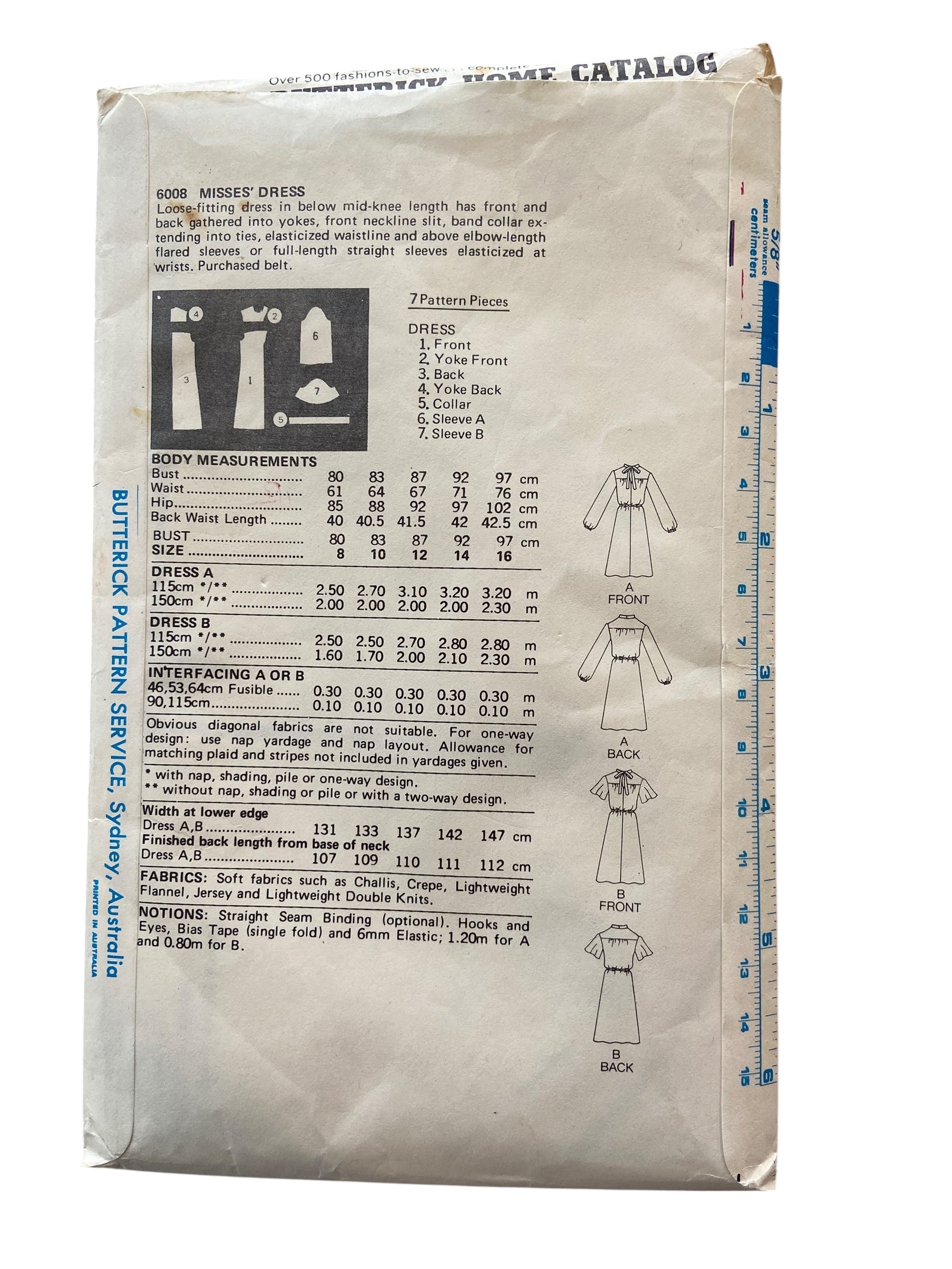 Butterick 6008 vintage 1980s dress sewing pattern. Bust 32.5 inches