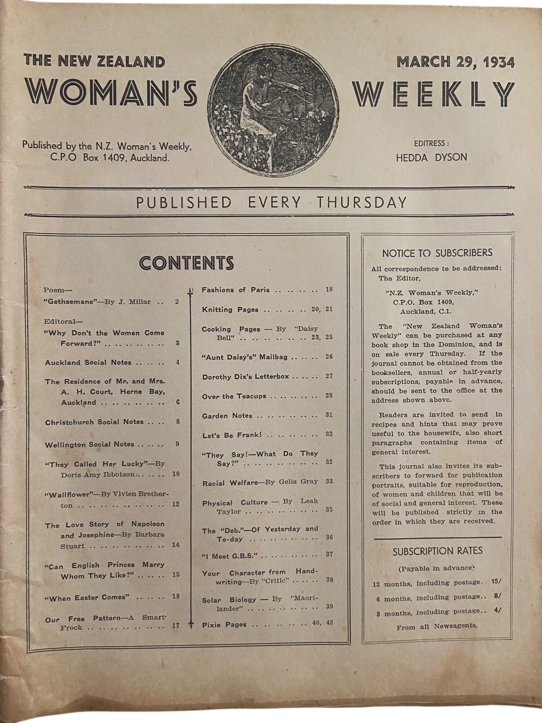New Zealand Woman’s Weekly  March 29 1934 with a sewing pattern, unused, factory folded, frocks bust 33 inches