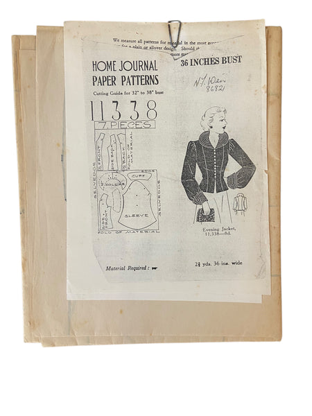 Home Journal 11338 vintage 1930s evening jacket UNPRINTED sewing pattern Bust 36 inches