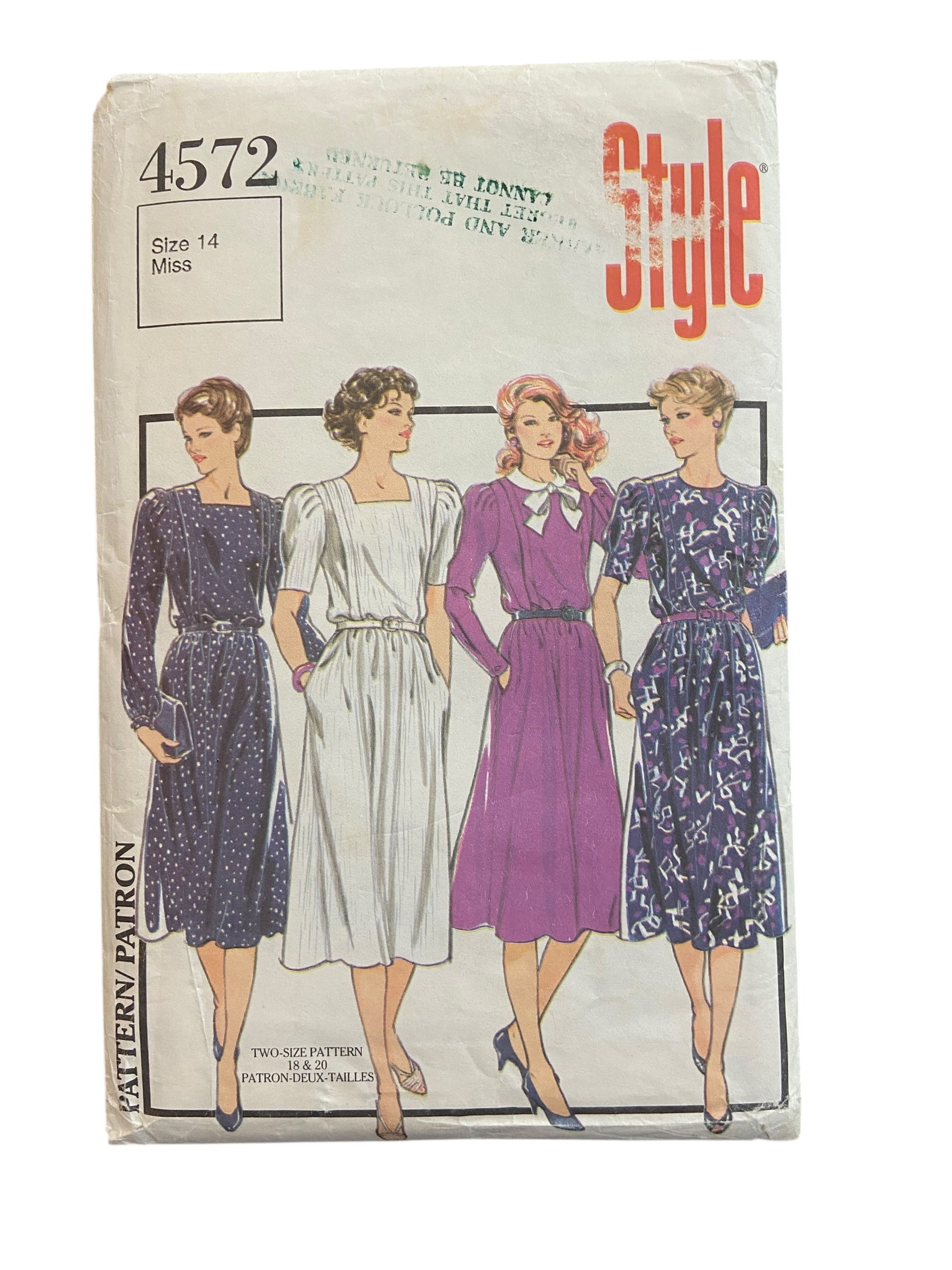 Style 4572 vintage 1980s dress pattern. Bust 36 inches