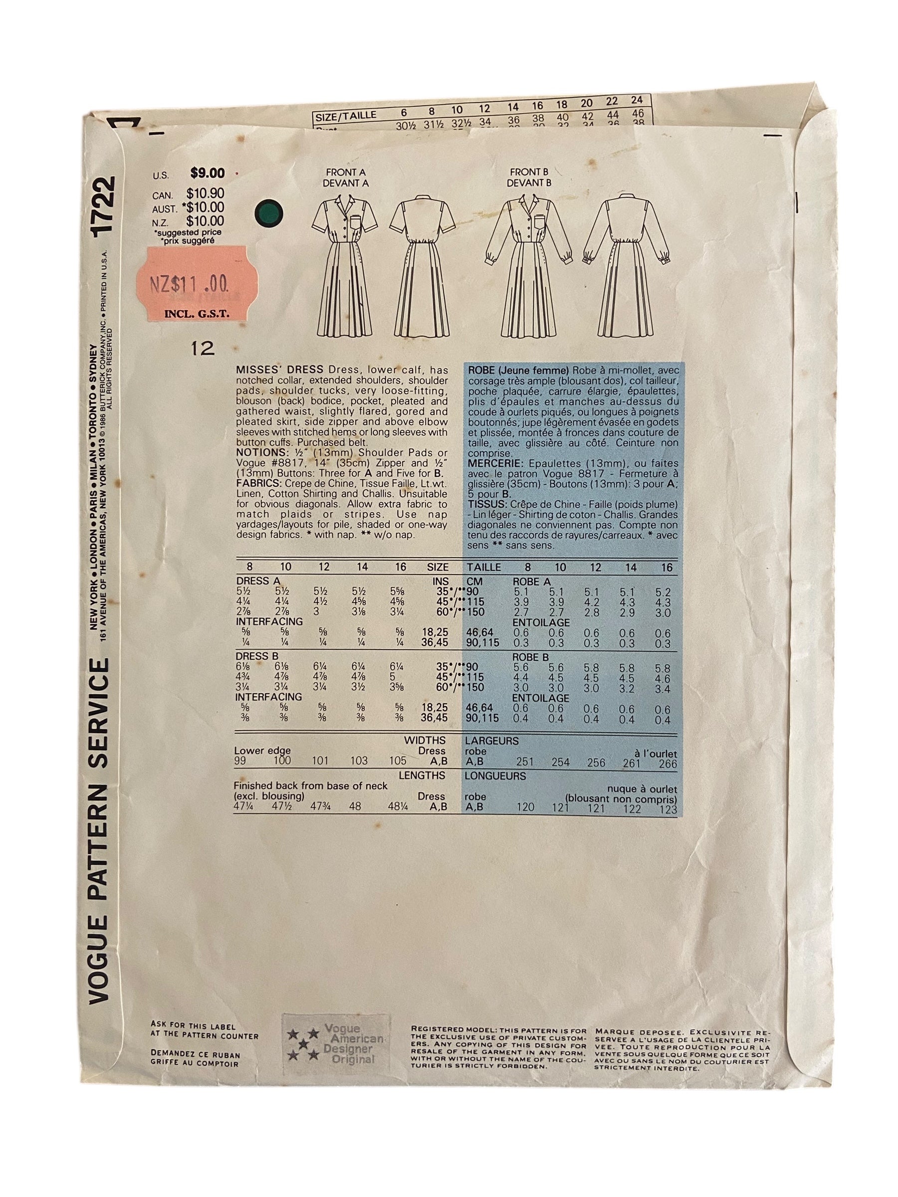 Vogue 1722 Ralph Lauren Vintage 1980s dress sewing pattern. Bust 34 inches