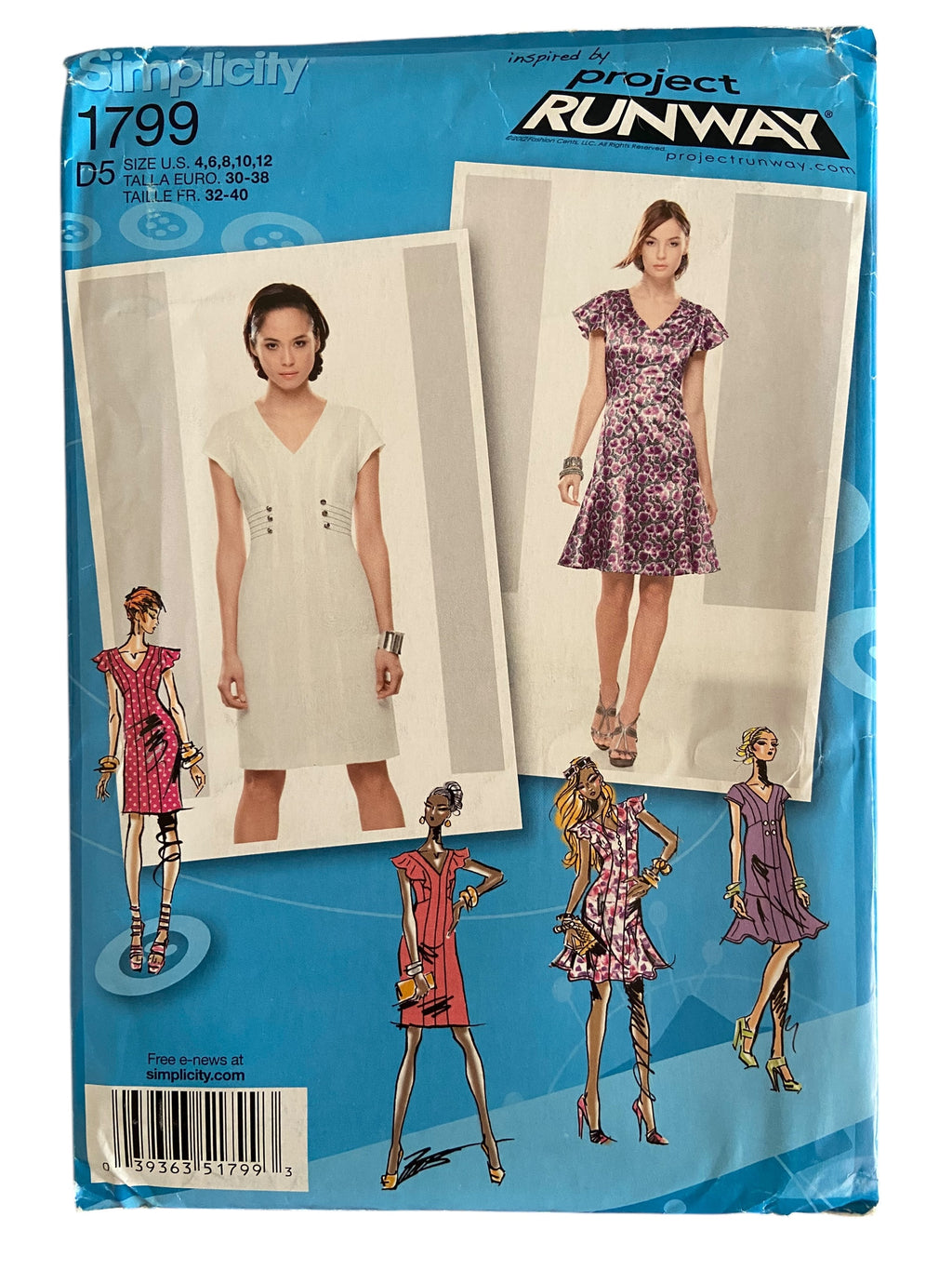 Simplicity 1799 Project Runway dress sewing pattern from the 2000s. Bust 29.5, 30.5, 31.5, 32.5, 34 inches.
