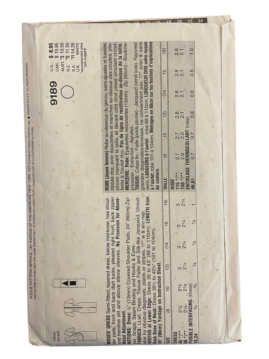 Vogue 9189 vintage 1990s ultra easy dress sewing pattern Bust 36, 38, 40 inches