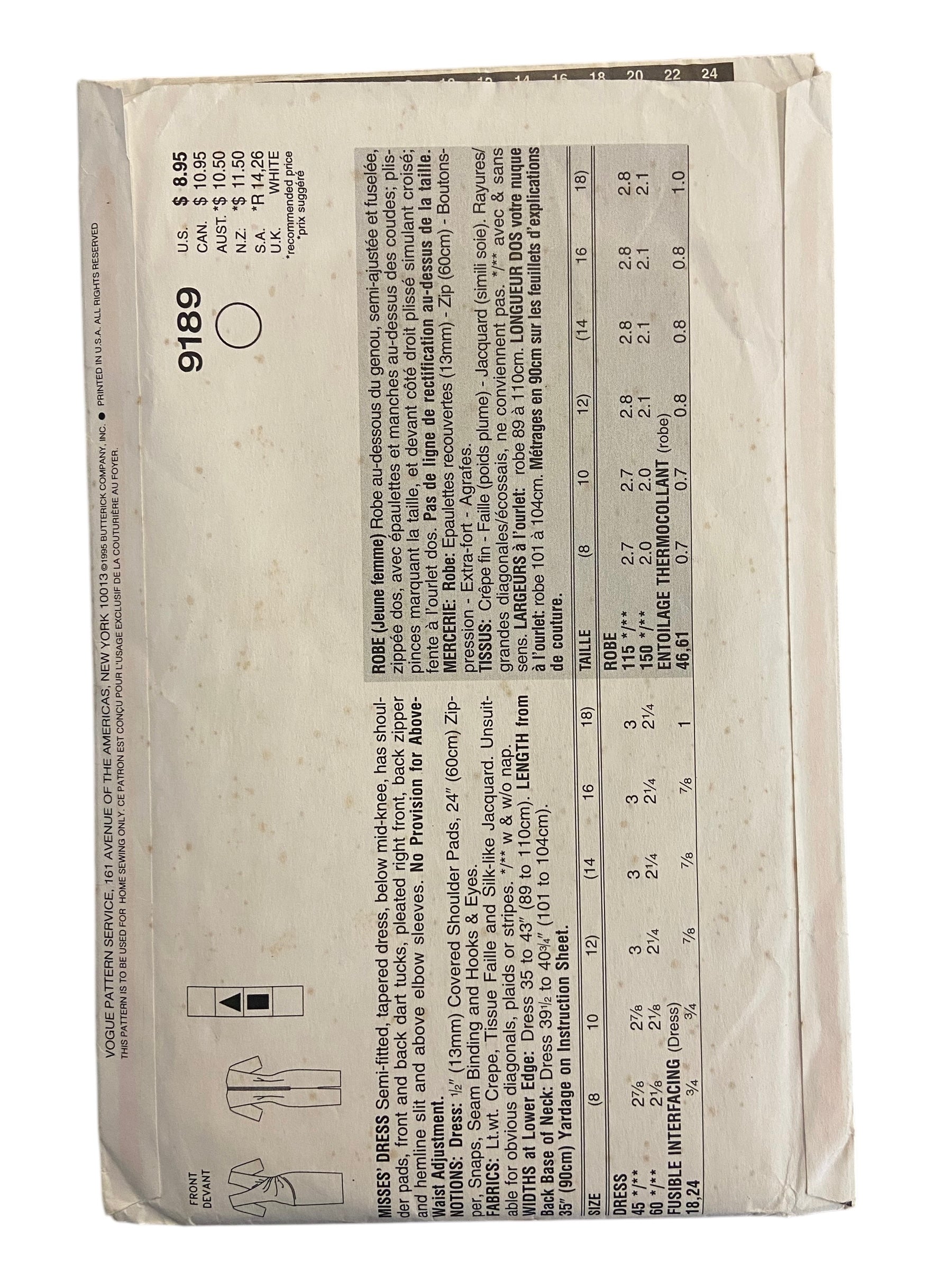 Vogue 9189 vintage 1990s ultra easy dress sewing pattern Bust 36, 38, 40 inches