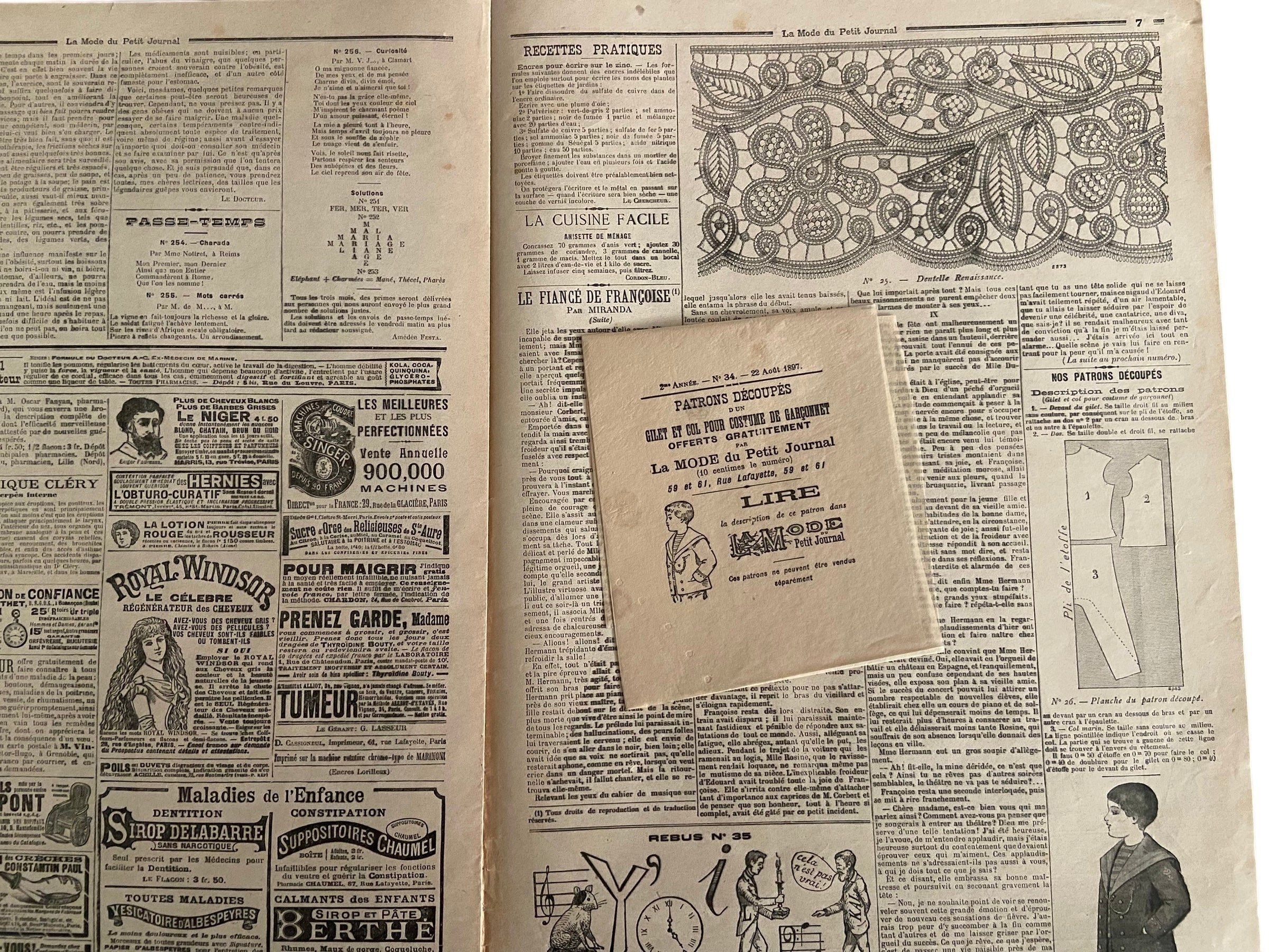 La Mode du Petit Journal 22 Aout 1897 French women’s magazine with a sewing pattern for a child’s jacket included