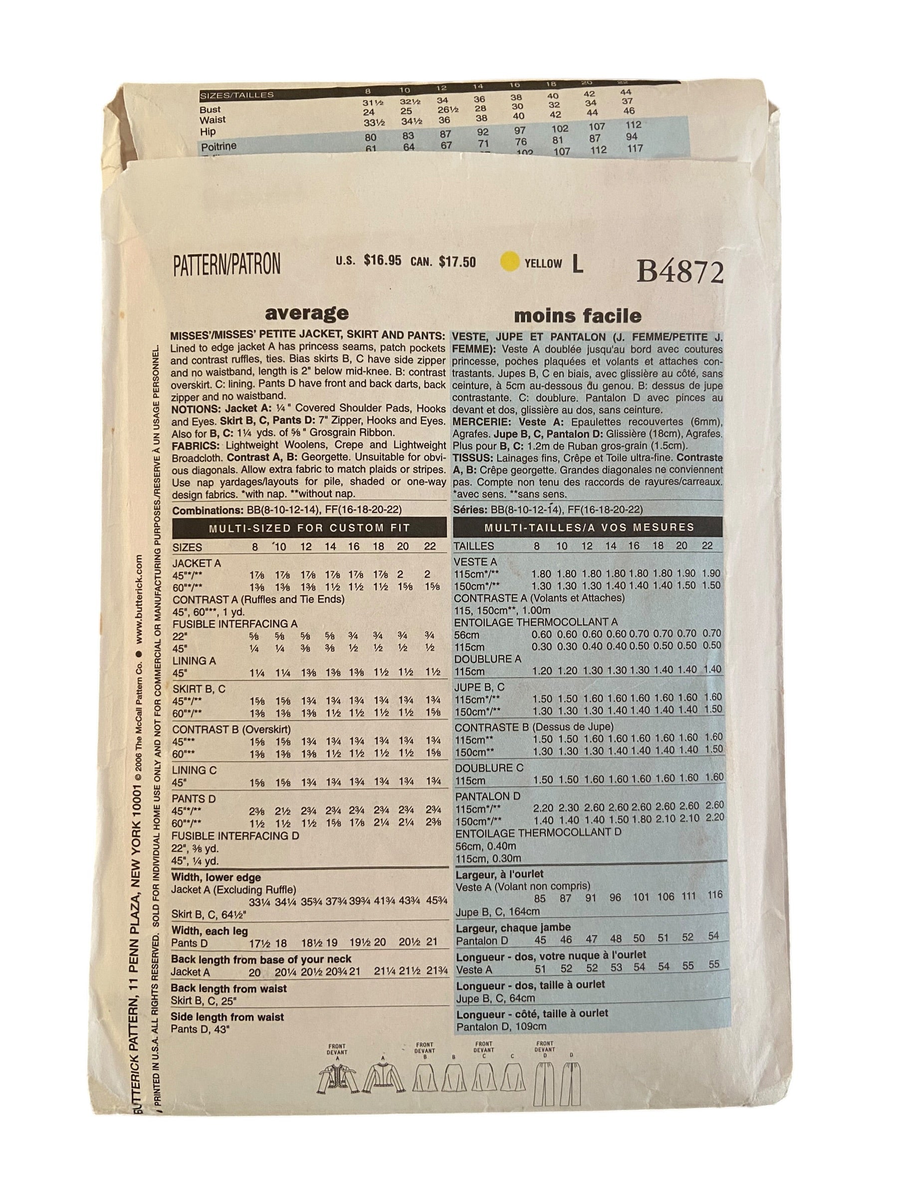 Butterick B4872  2000s sewing pattern for jacket, skirt and pants. Bust 38, 40, 42, 44 inches