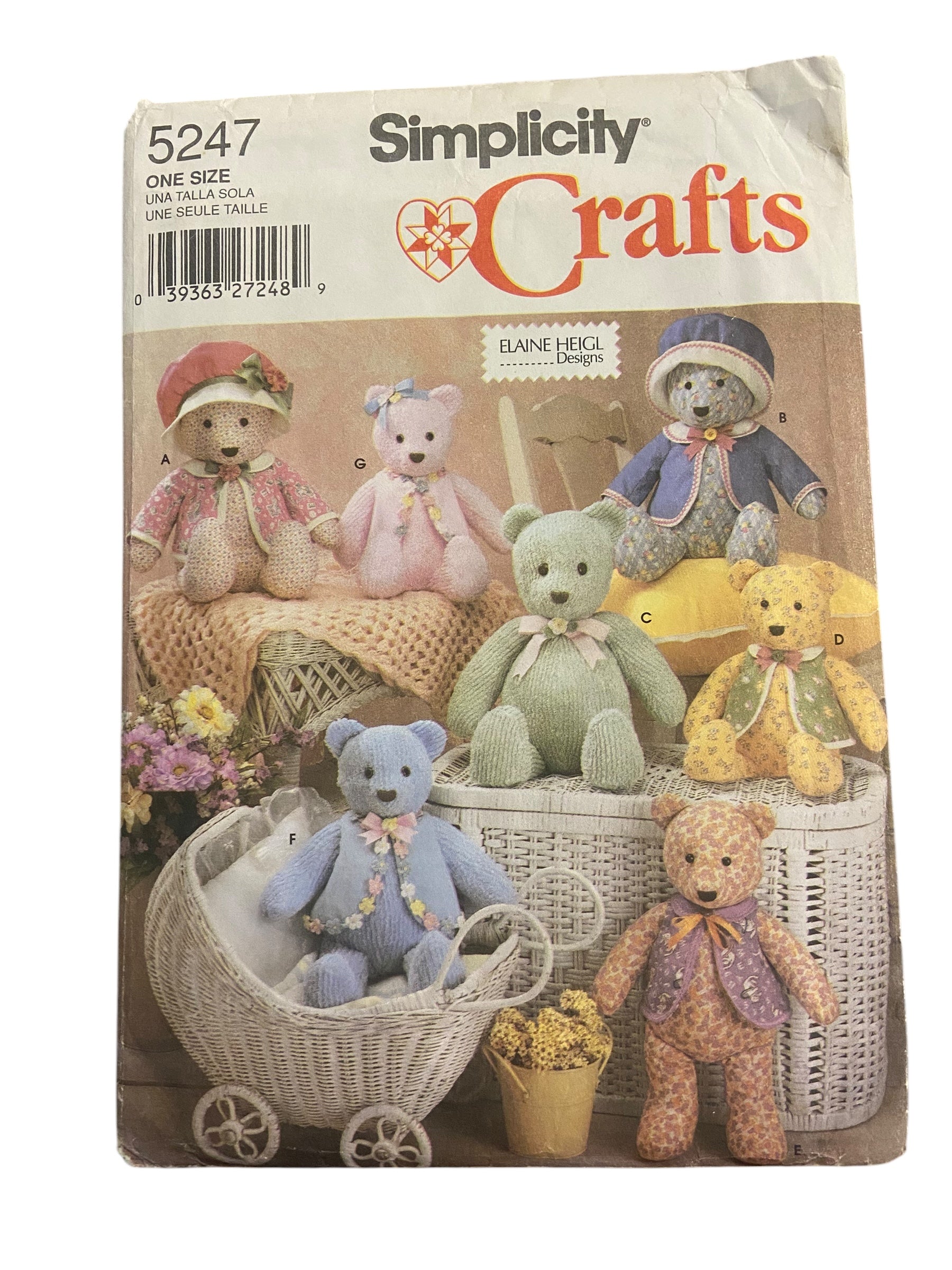 Simplicity crafts 5247 vintage 2000s 15 inch and 18 inch decorative bears and clothes sewing pattern.