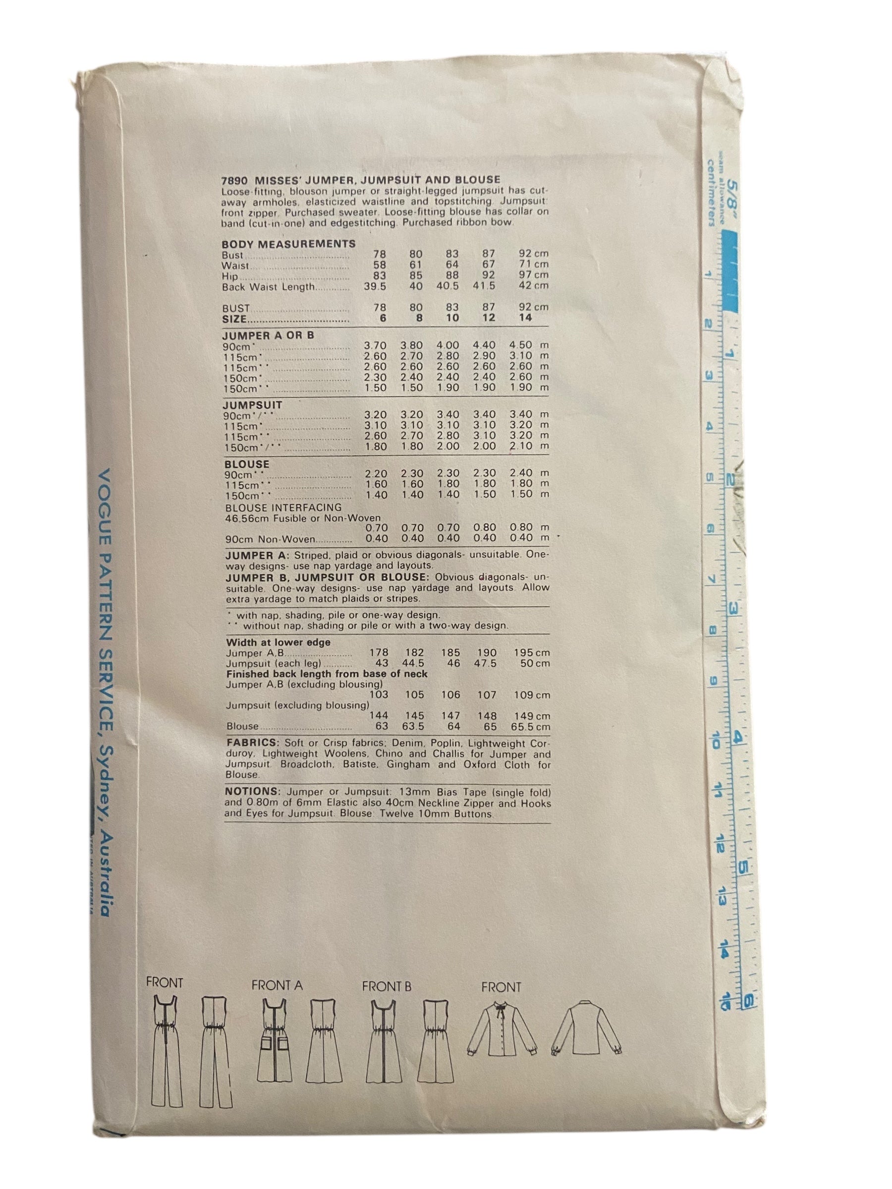 Vogue 7890 vintage 1980s jumpsuit, jumper and blouse sewing pattern. Bust 36 inches