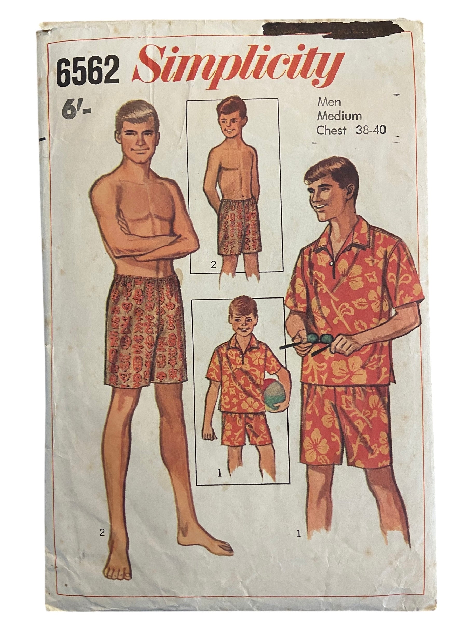 Simplicity 6562 vintage 1950s men's shirt and swim shorts sewing pattern. Chest 38-40 inches.