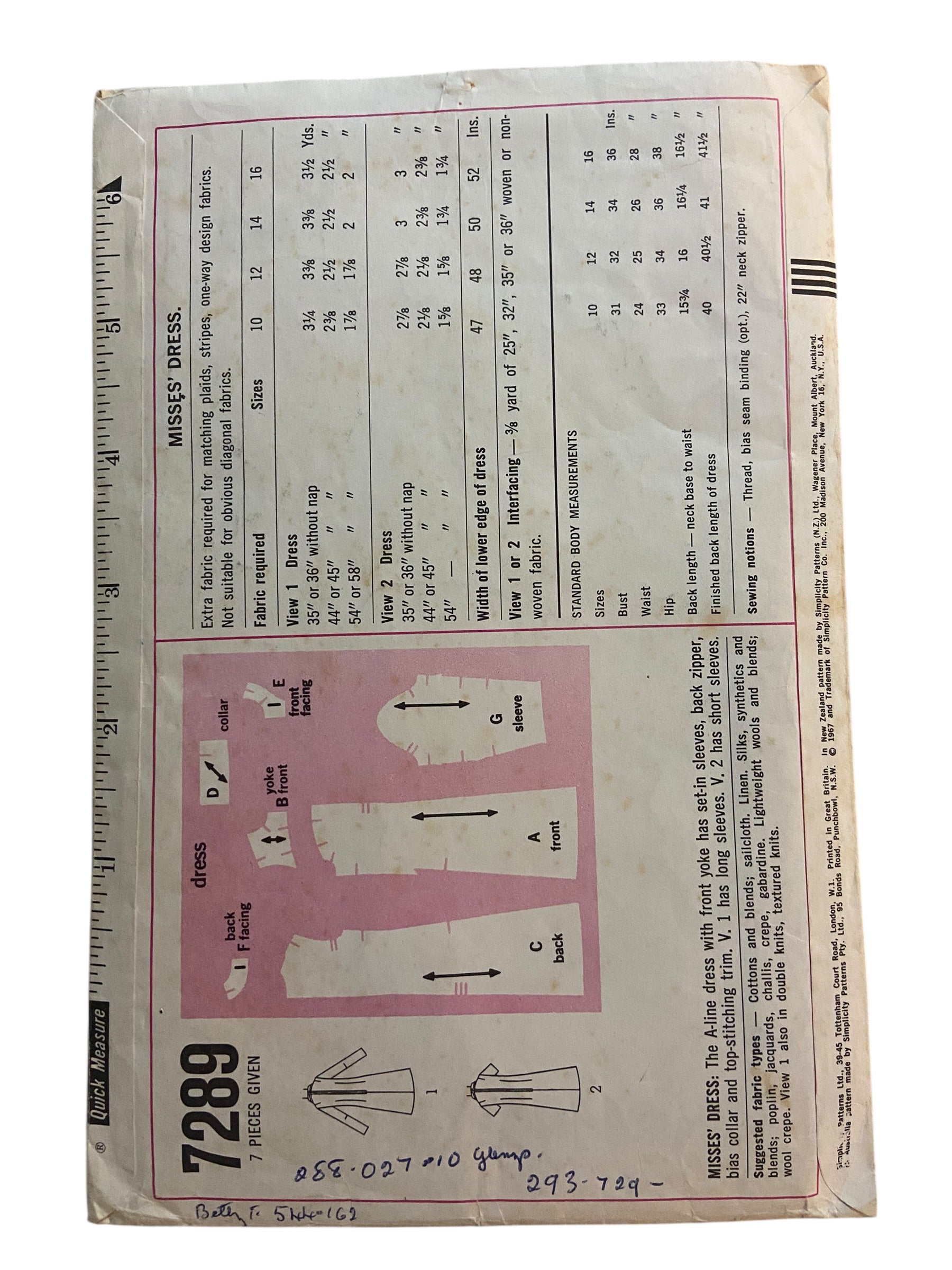 Simplicity 7289 vintage 1960s dress sewing pattern. Bust 36 inches