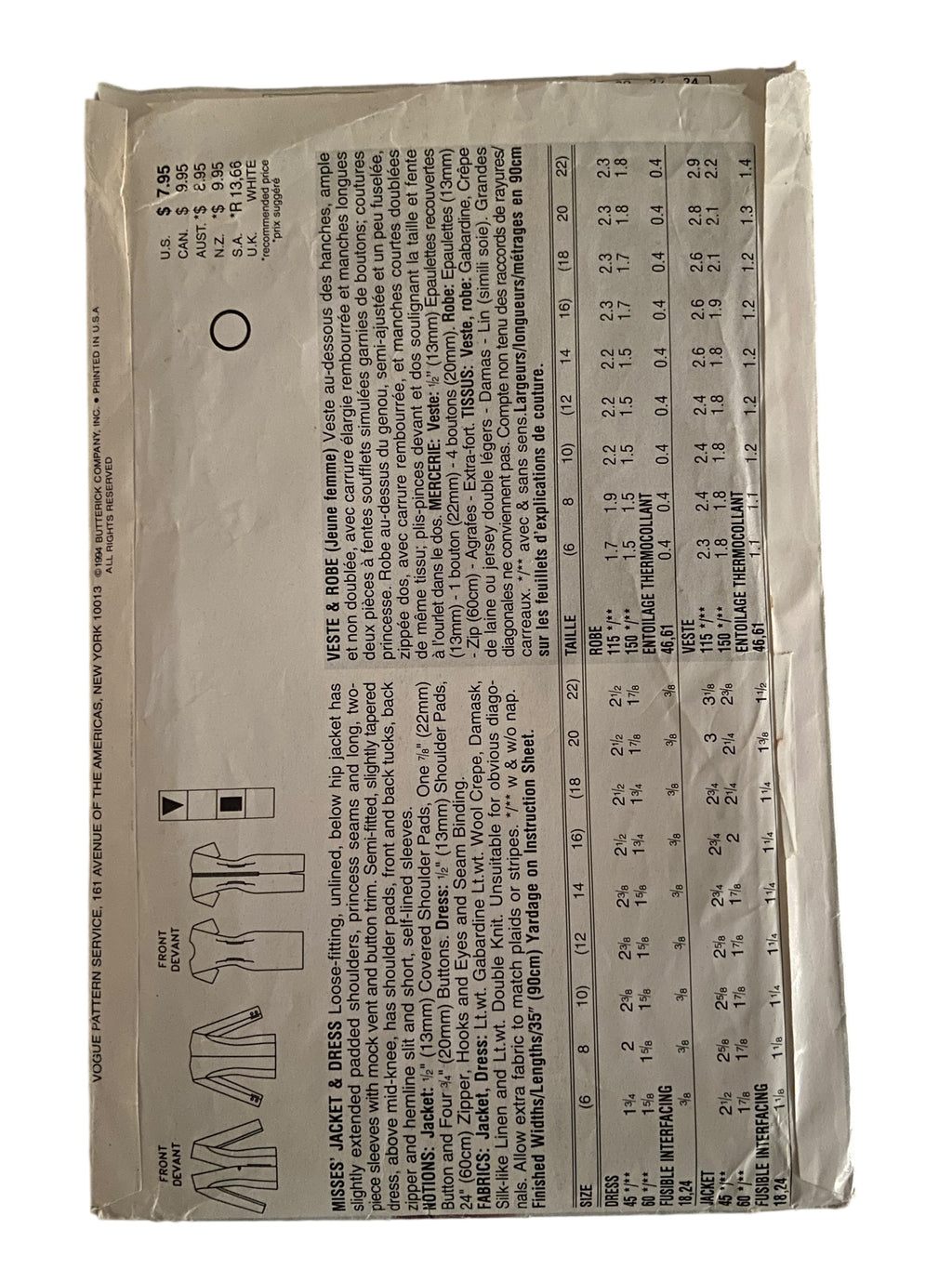 Vogue 8899 vintage 1990s dress and jacket sewing pattern Bust 30.5, 31.5, 32.5 inches