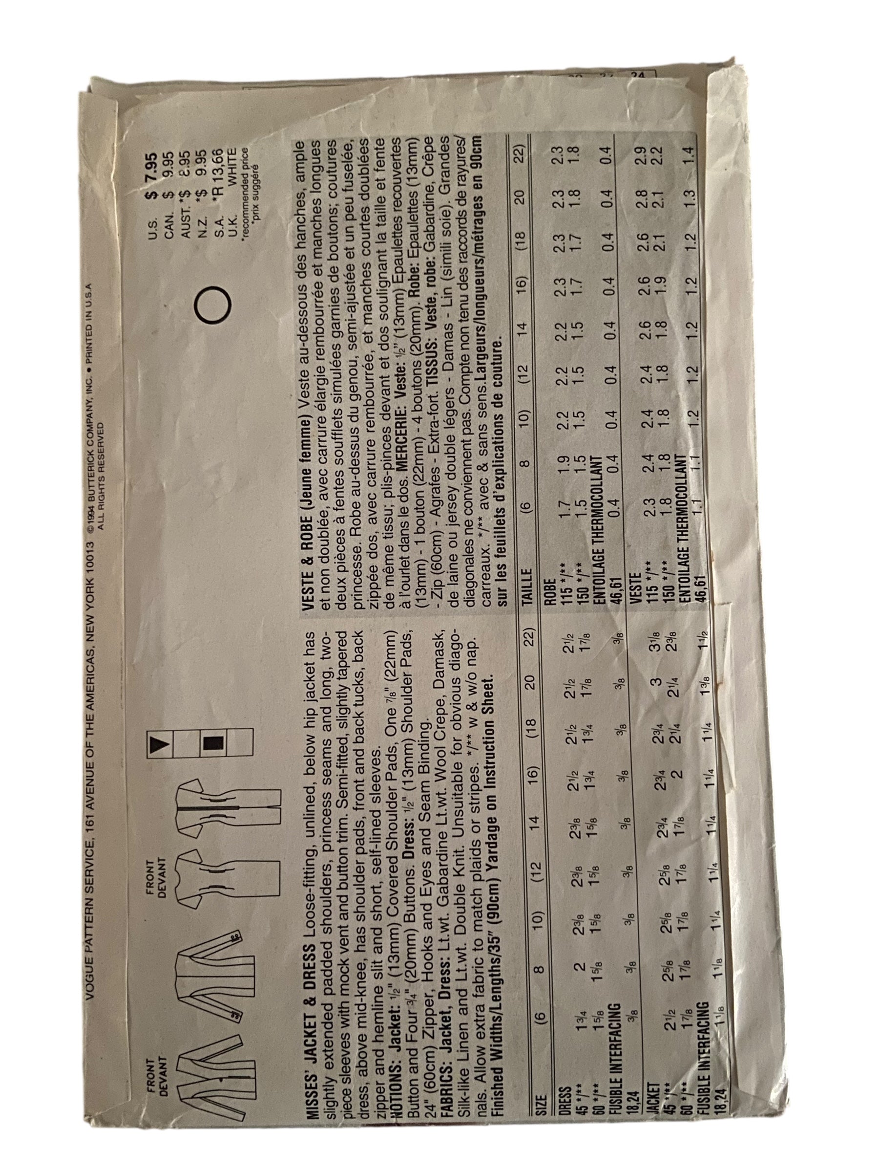 Vogue 8899 vintage 1990s dress and jacket sewing pattern Bust 30.5, 31.5, 32.5 inches