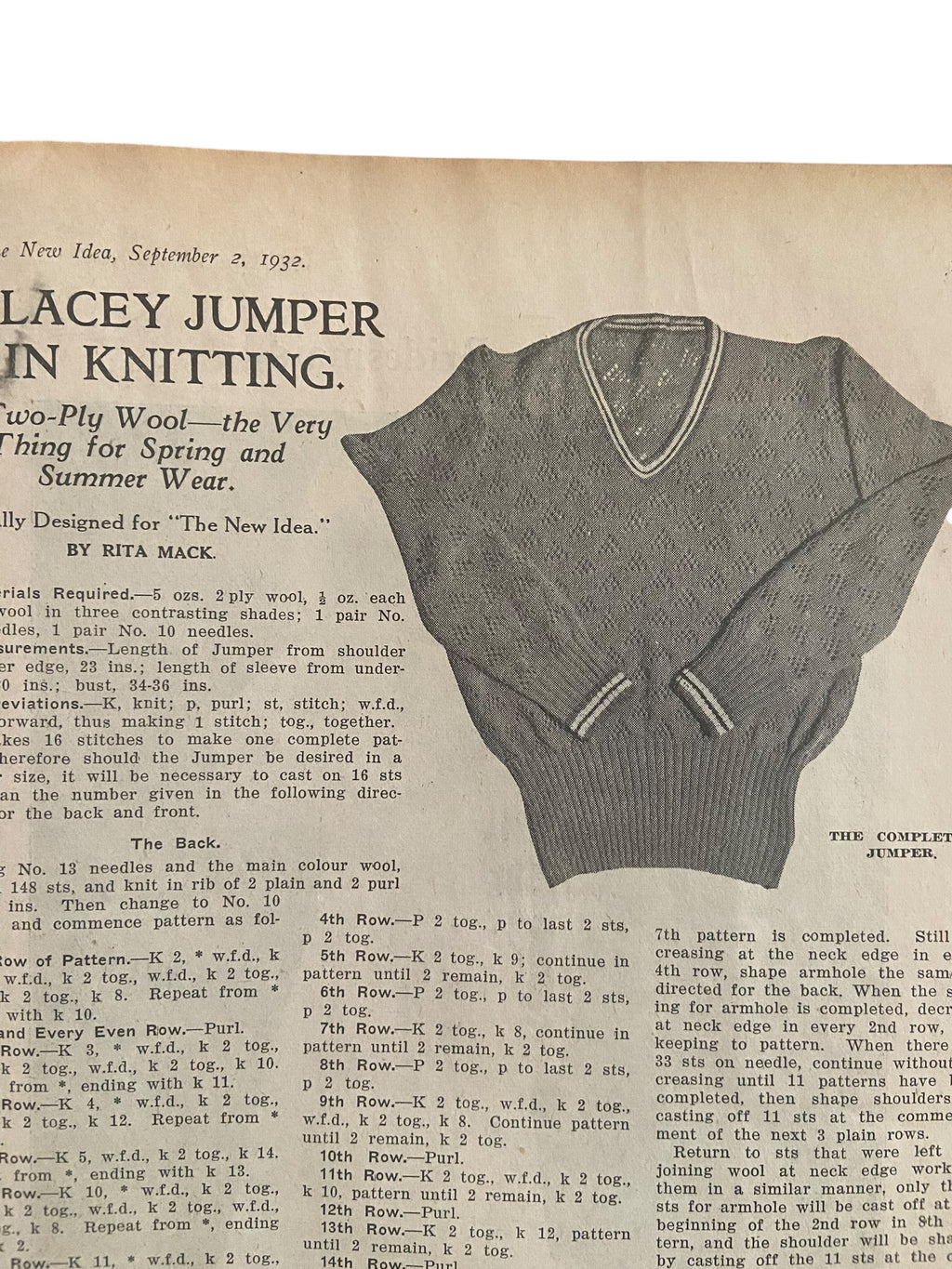 The New Idea magazine September 2 1932 with sewing pattern, tennis dress, unused, factory folded, bust 32 inches