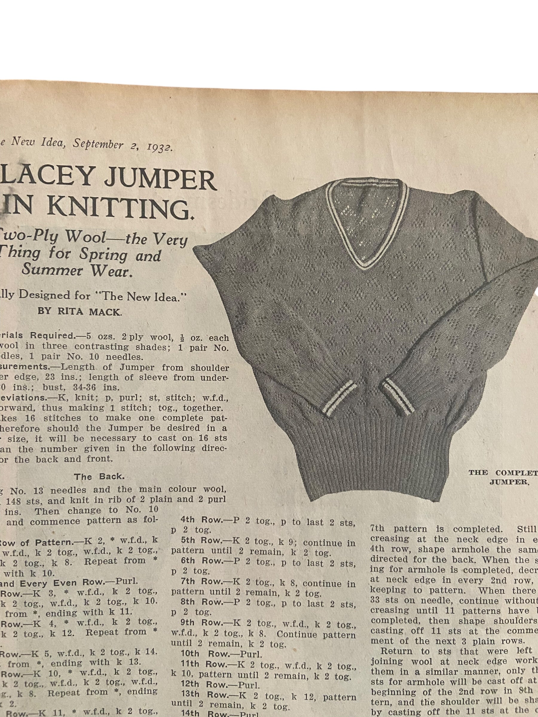 The New Idea magazine September 2 1932 with sewing pattern, tennis dress, unused, factory folded, bust 32 inches