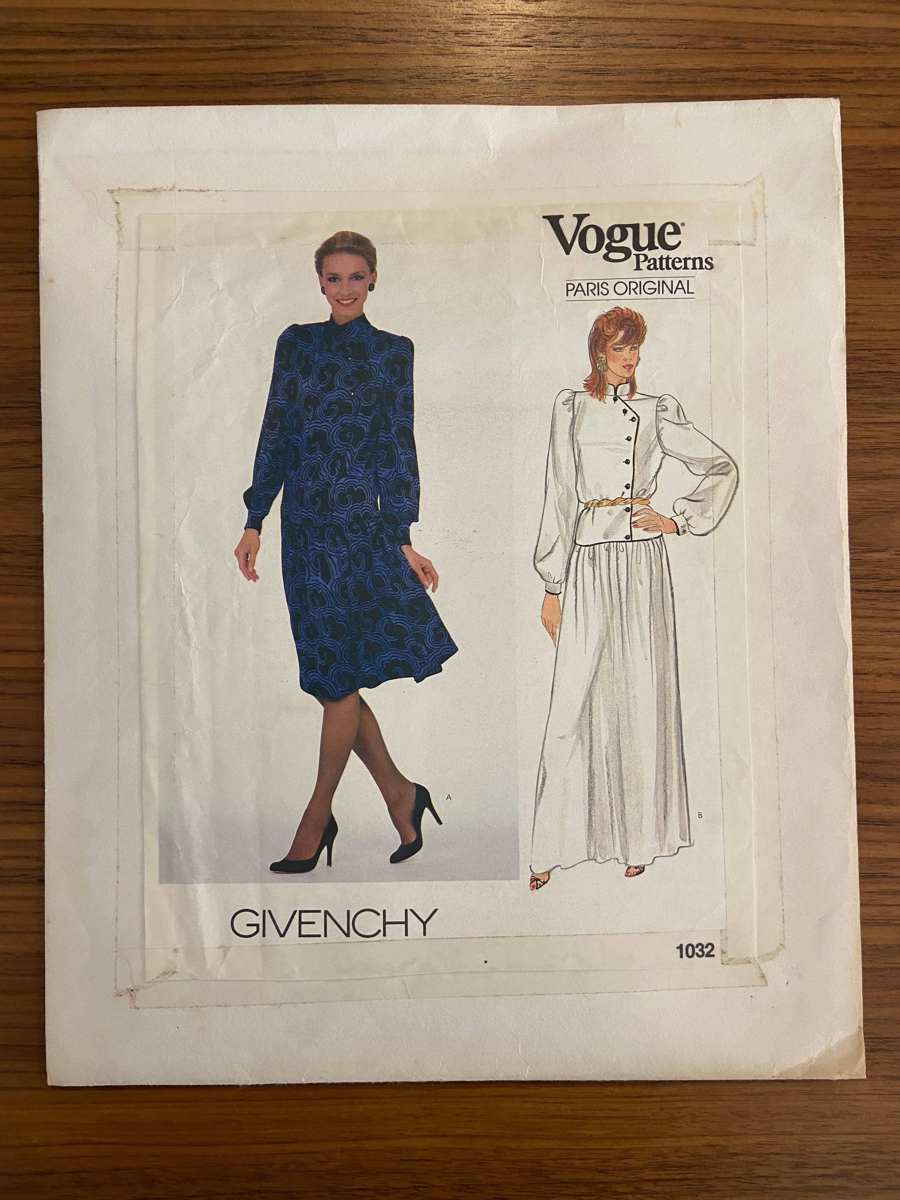 Vogue 1032. Vintage 1980s dress sewing pattern. Vogue Paris original. Givenchy. Bust 36 inches