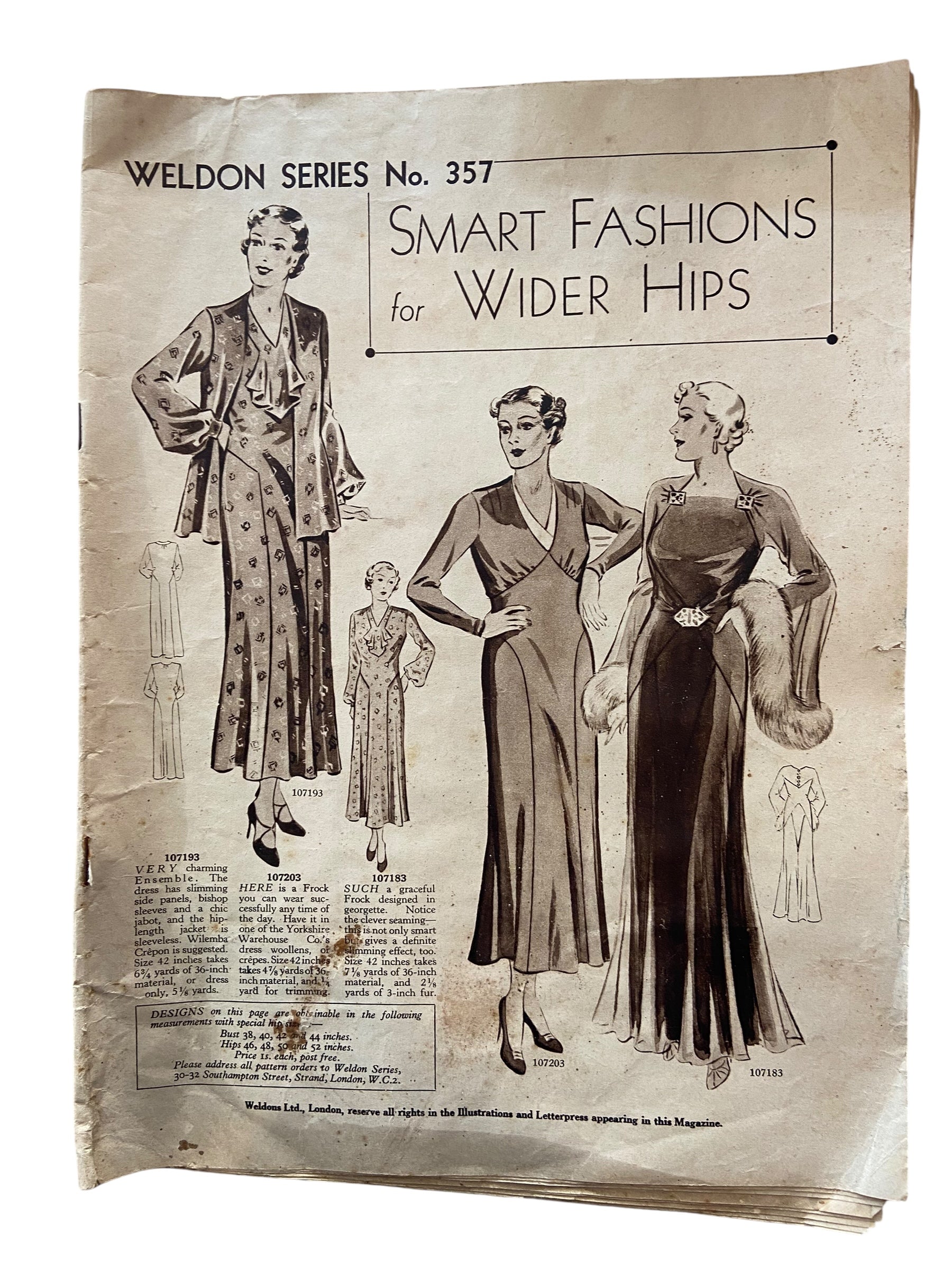 Weldon’s Smart Fashions for Wider Hips catalogue Series No. 357 circa 1930s with three sewing patterns, unused, factory folded dress with contrasting panel, satin and lace frock, day dress with revers. Bust 38 inches.