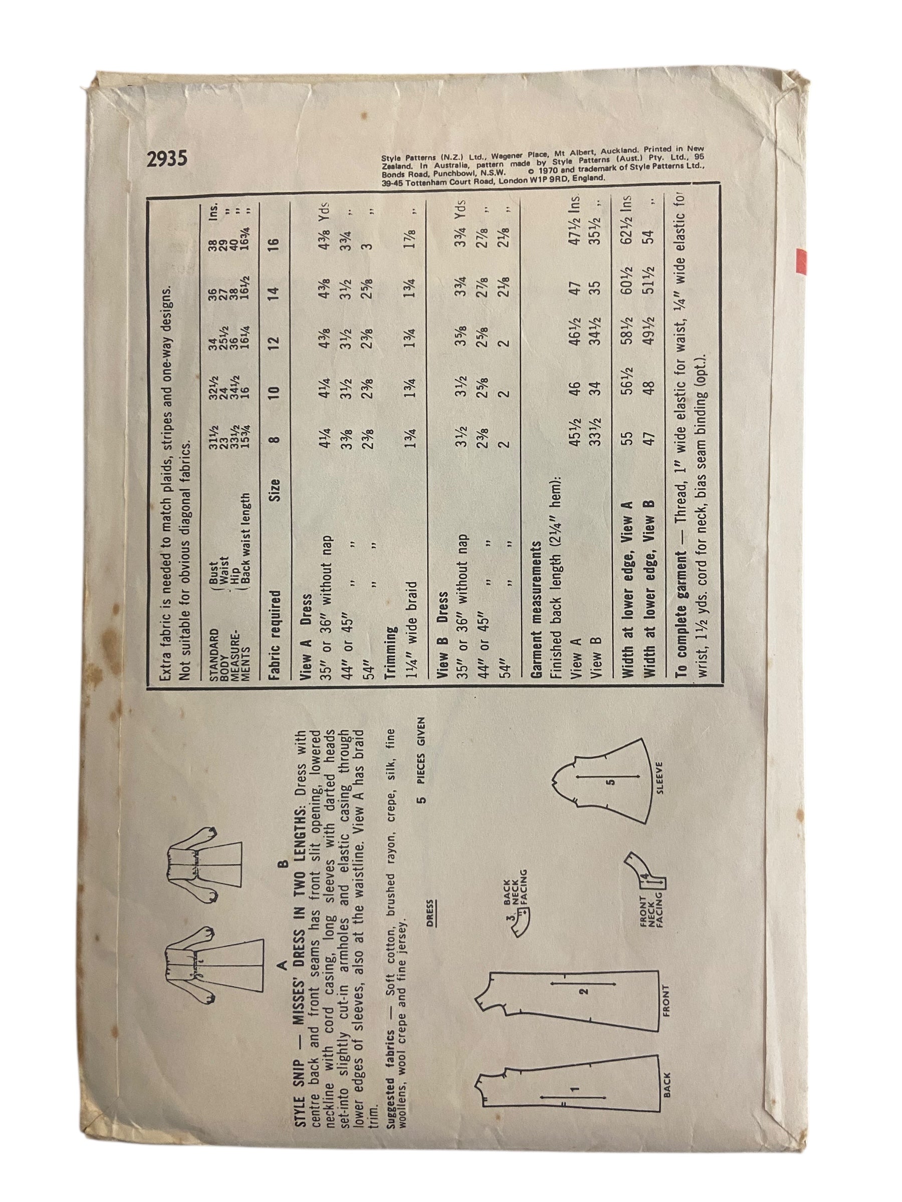 Style 2935 vintage 1960s dress sewing pattern Bust 34 inches