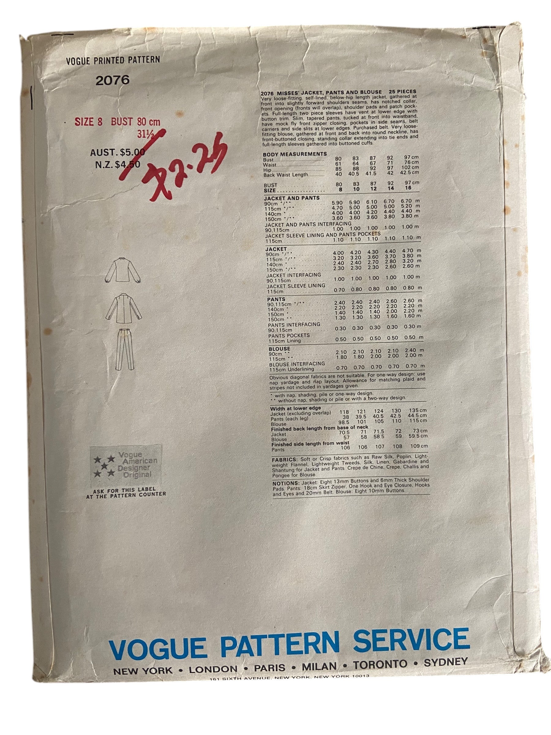 Vogue 2076 Vintage 1970s Vogue American Designer Original John Anthony jacket, pants and blouse sewing pattern Bust 31.5 inches
