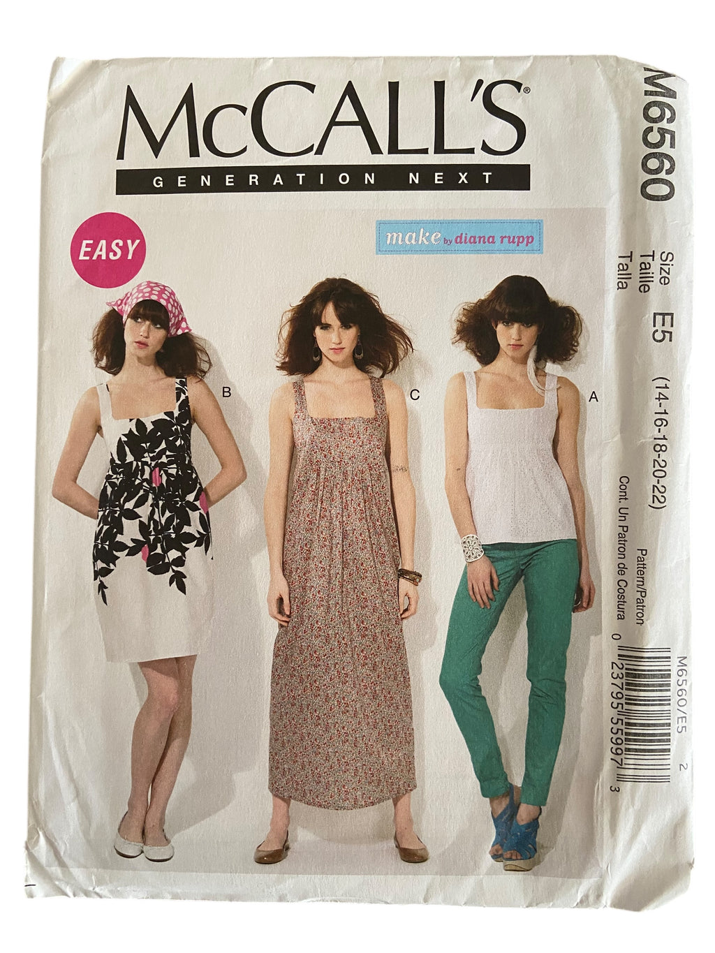 McCall's M6560 Generation Next Make by Diana Rupp dress and top sewing pattern from the 2000s. Bust 36, 38, 40, 42, 44 inches.