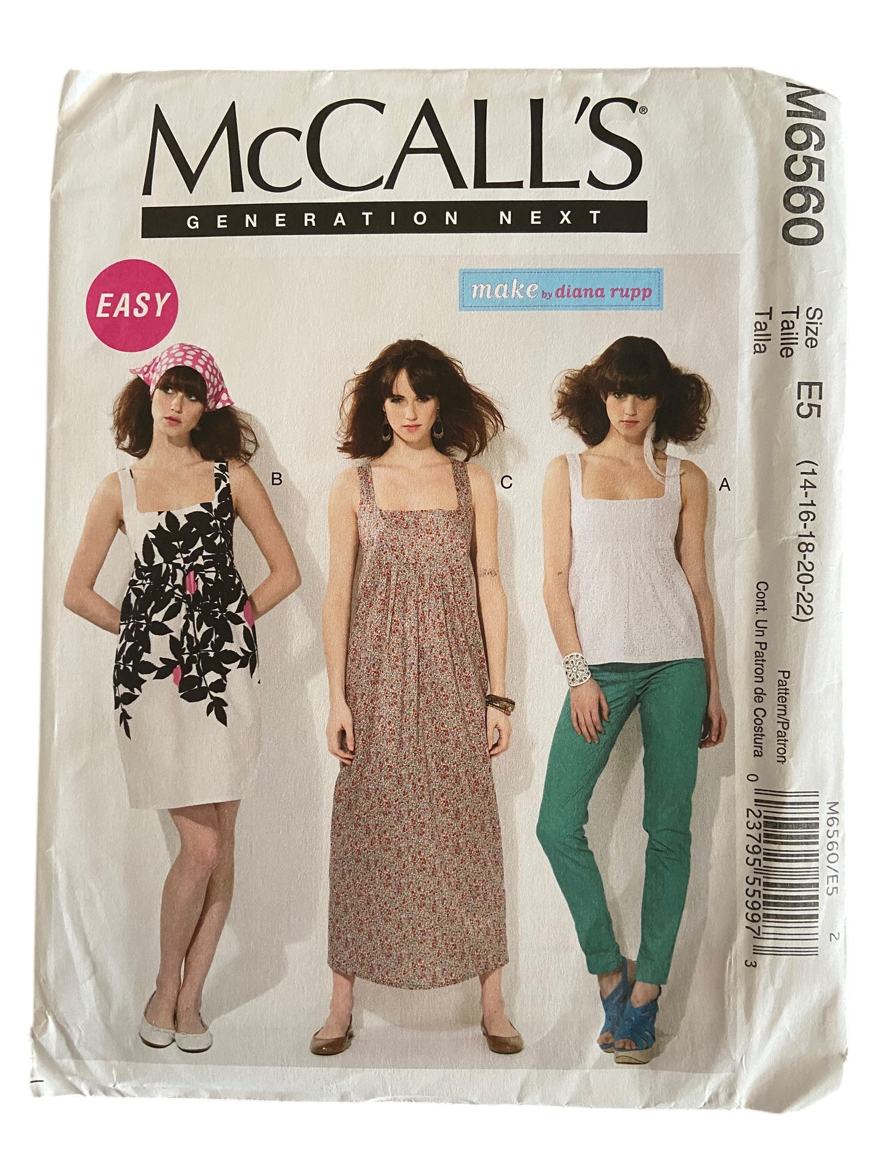 McCall's M6560 Generation Next Make by Diana Rupp dress and top sewing pattern from the 2000s. Bust 36, 38, 40, 42, 44 inches.