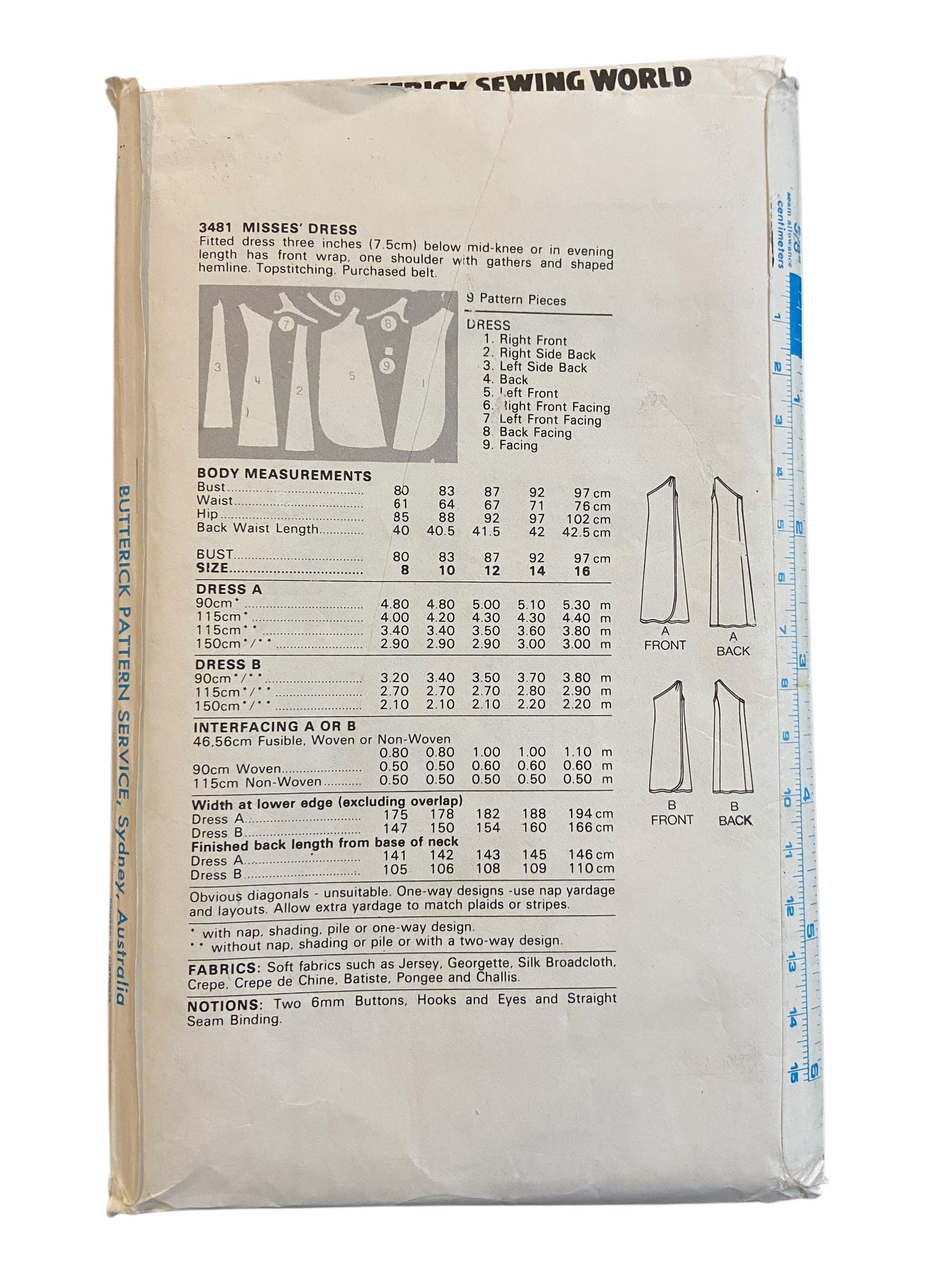 Butterick 3481 vintage 1980s one shoulder dress sewing pattern. Bust 38 inches